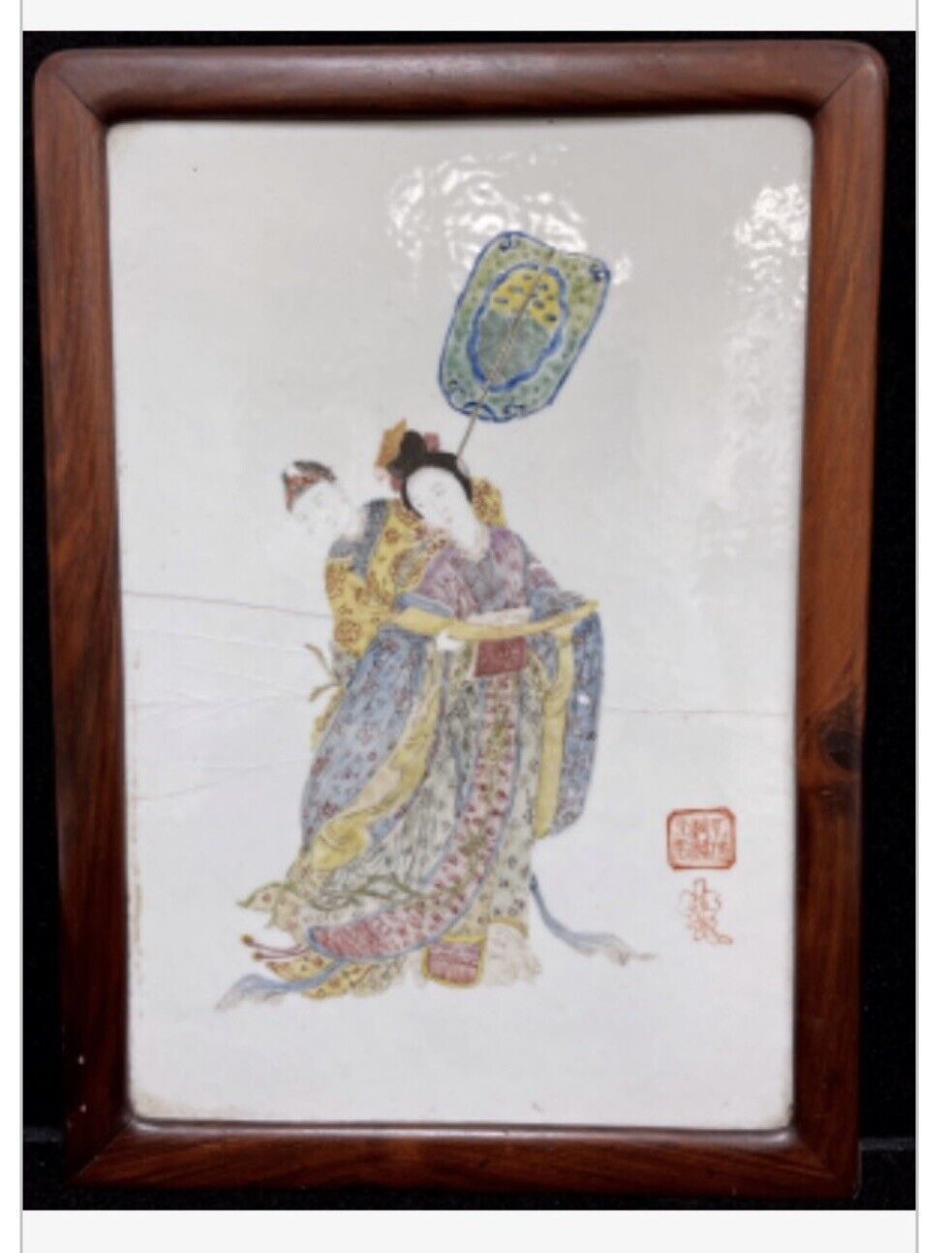 Late 19thc Hand Painted Chinese Art On Tile
