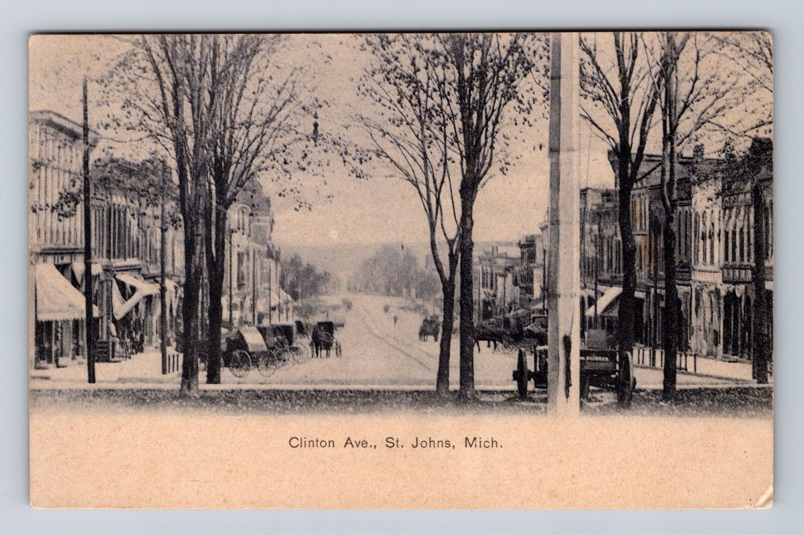 St Johns MI-Michigan, Clinton Ave Storefronts, Antique, Vintage c1907 Postcard