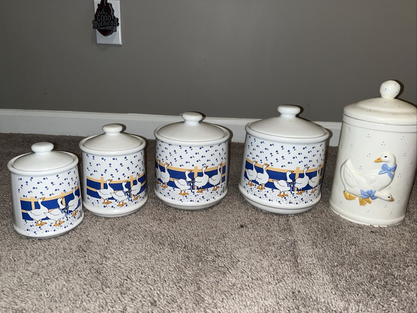 Vintage Collectible Goose Pottery 4 piece Canister Set PLUS Another Canister