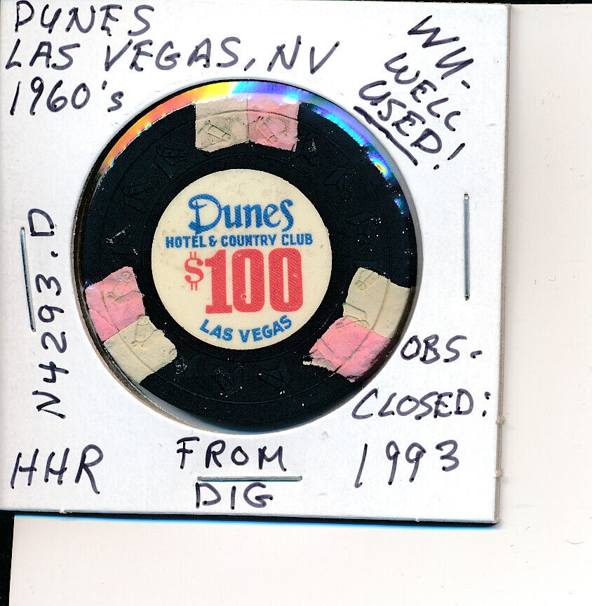 $100 CASINO CHIP -DUNES LAS VEGAS NV 1960's HHR #N4293.D FROM DIG OBS CLOSE 1993