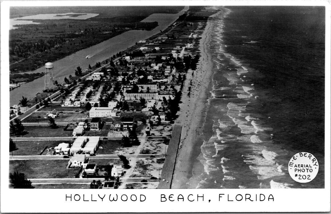 RPPC Hollywood Beach FL Aerial View Ocean M E Berry c1940s photo postcard HQ17