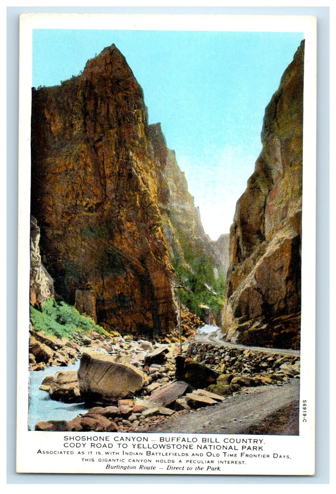 c1920s Shoshone Canyon, Buffalo Bill, Cody Road to Yellowstone Nat Park Postcard