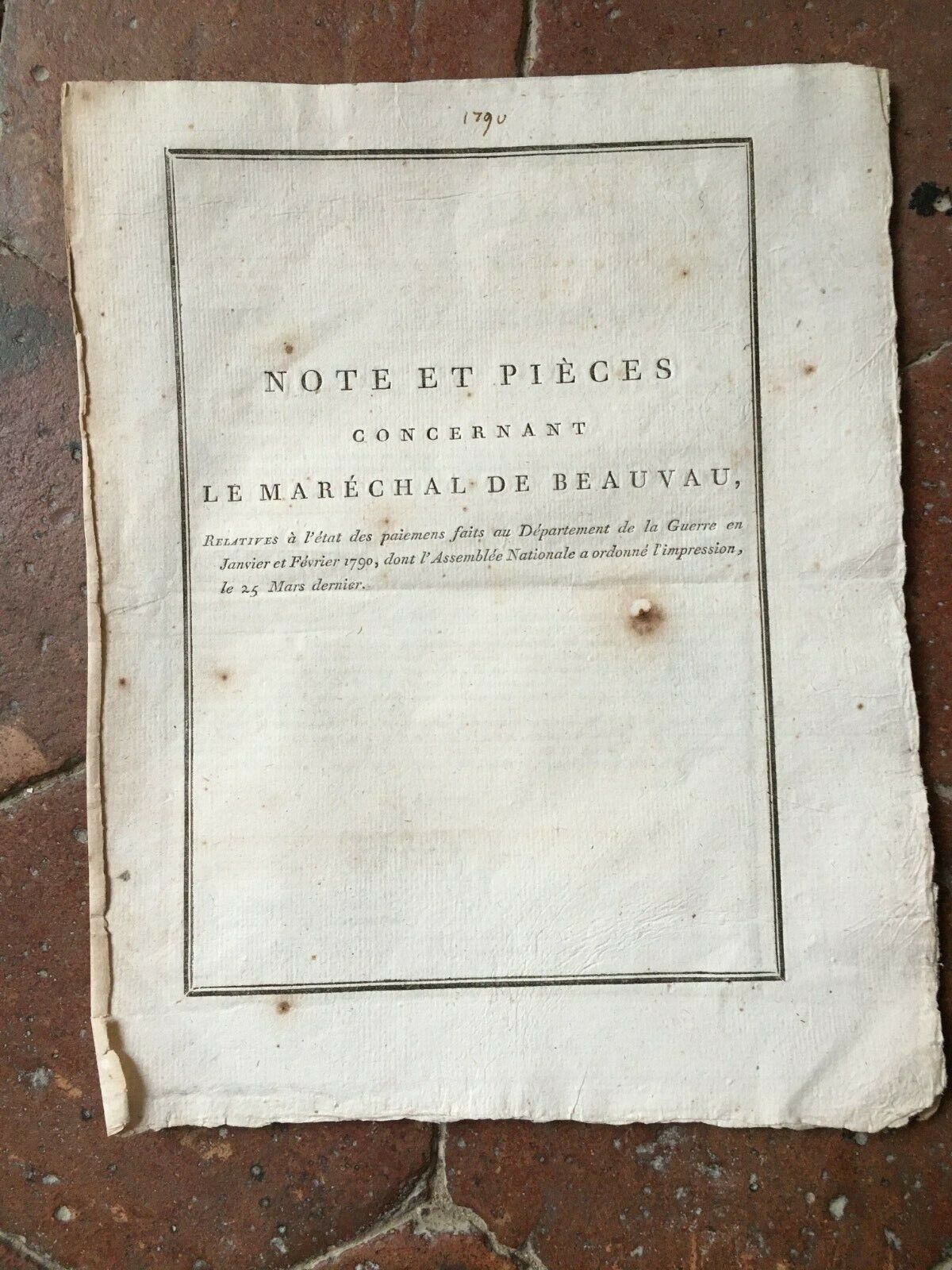 Note For The Marshal Of Beauvau Related IN Condition Of Paiemens Guerre 1790