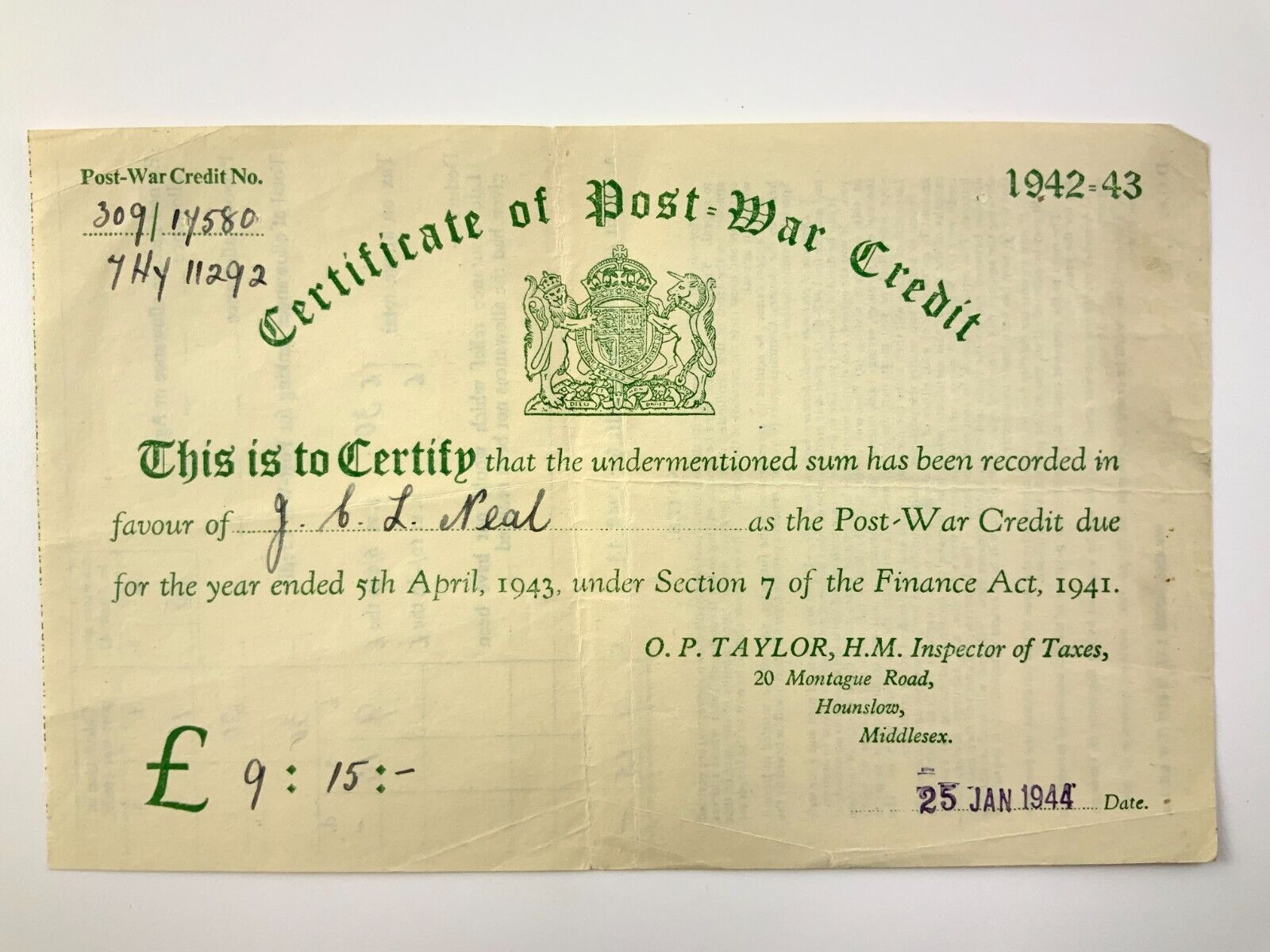 Certificate of Post War Credit WWII 1944 Middlesex FF677