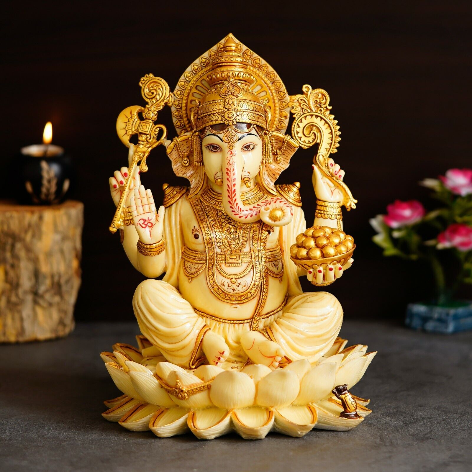 Lotus Marble dust Large Ganesha statue big stone ganesh idol Ganpati Vinayak god