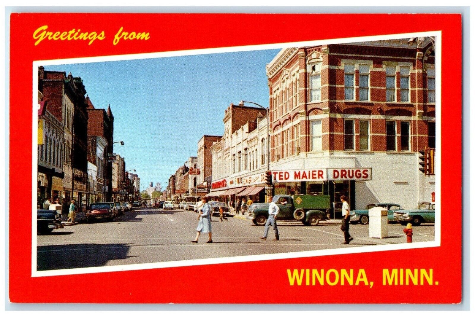 c1960 Greetings From Thriving Trade Center Mississippi Winona Minnesota Postcard