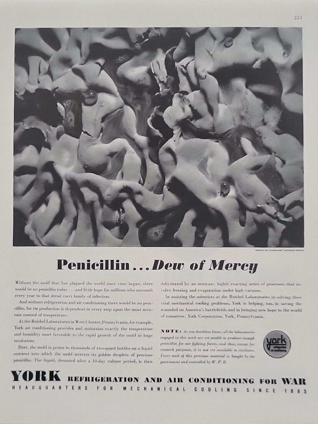 1943 York Refrigeration Air Conditioning for War Fortune WW2 Print Ad Penicillin