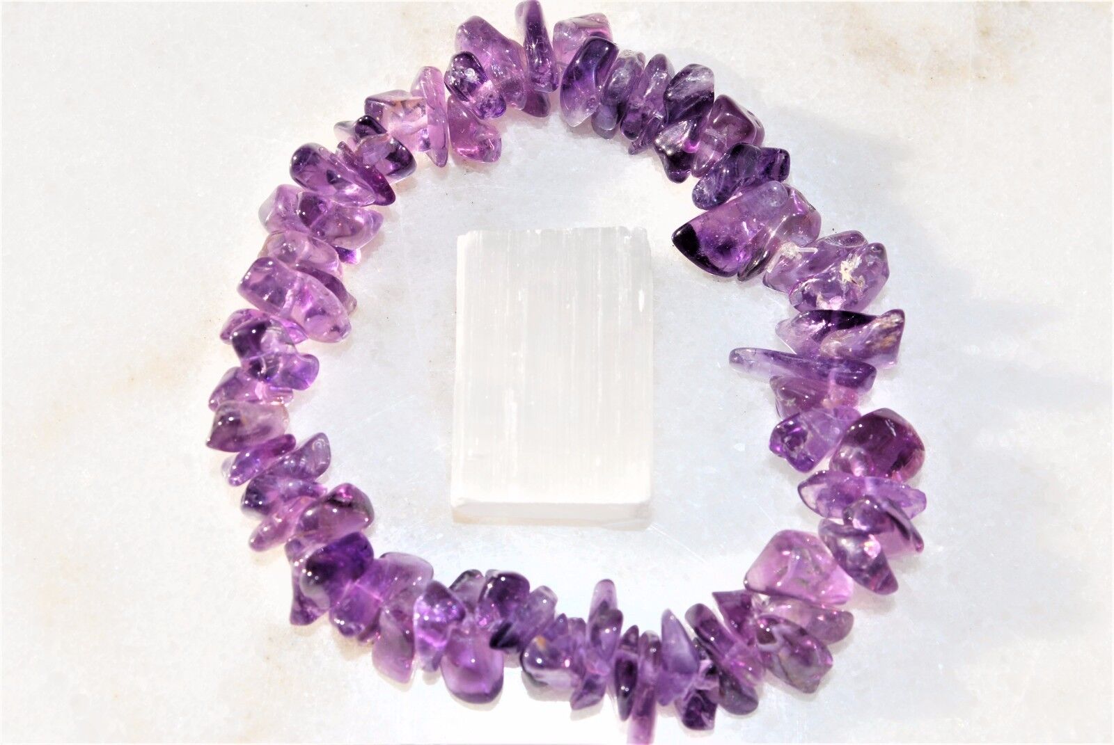 CHARGED Premium (Light) Natural Amethyst Crystal Chip Stretchy Bracelet + Heart