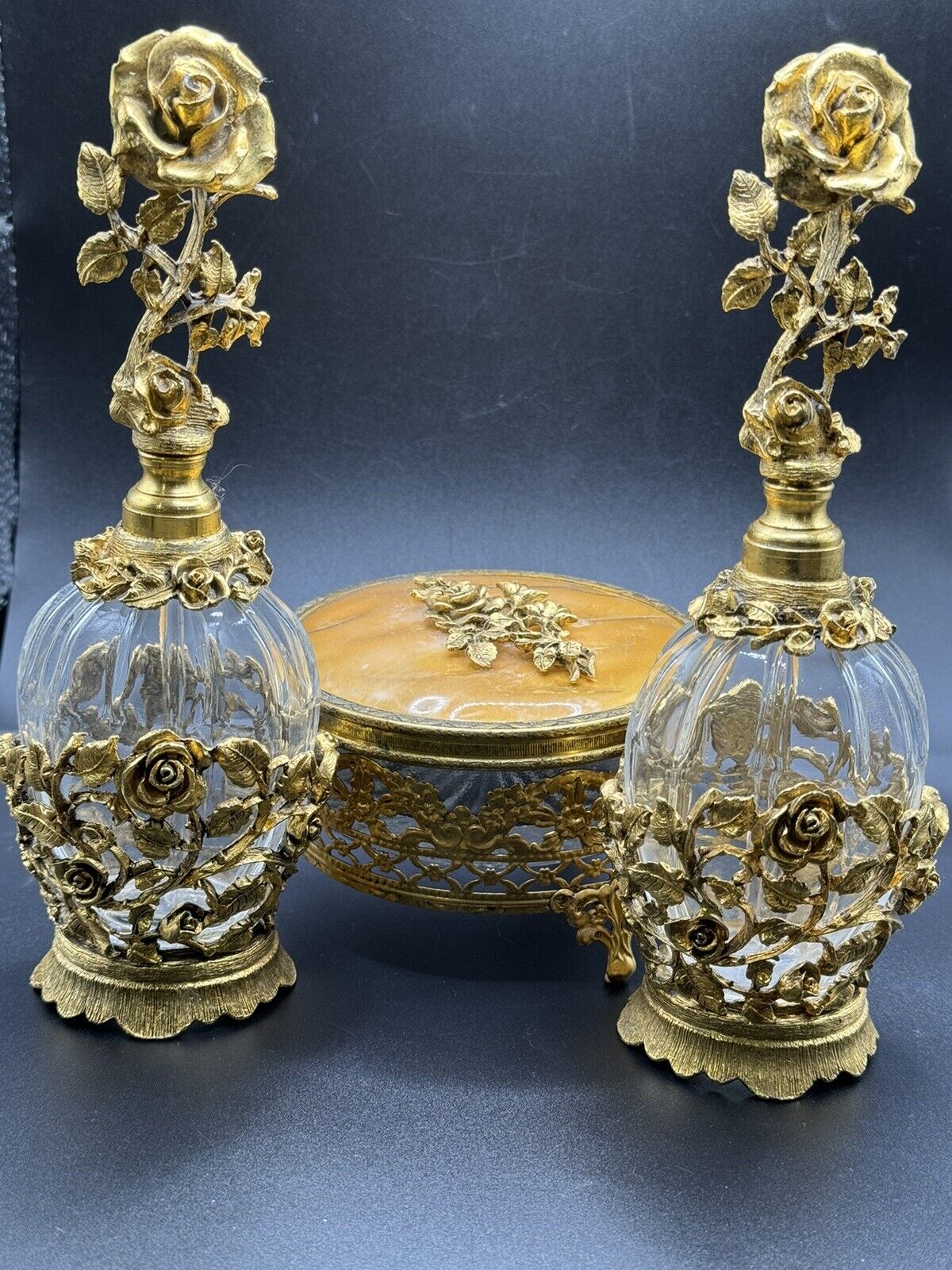 Gold Perfume Bottle  Roses Matson Stylebuilt Gold Plated Ormolu Jewelry Box