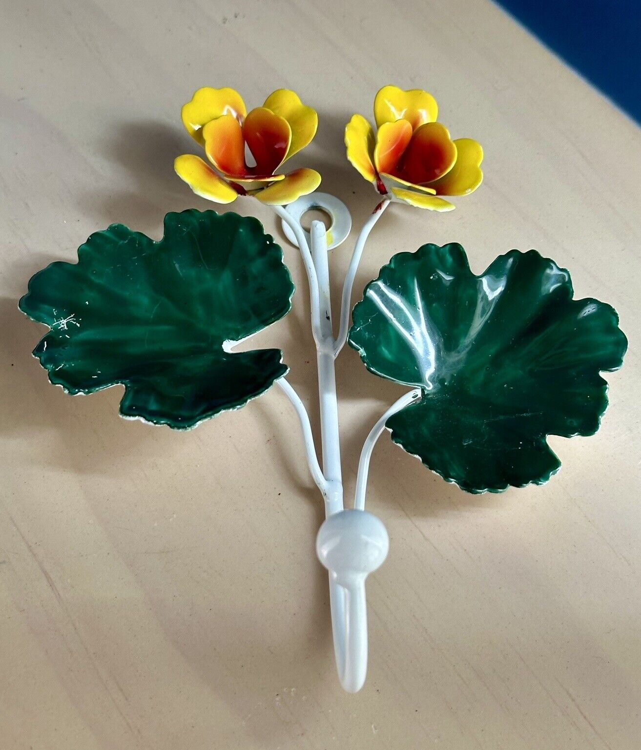 Vintage Italian Tole Metal Yellow Flowers Decorative Hook