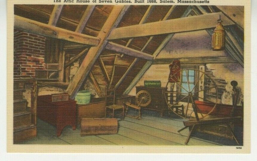MA Postcard House Of Seven Gables Attic View - Salem, MA c1960 vtg linen L