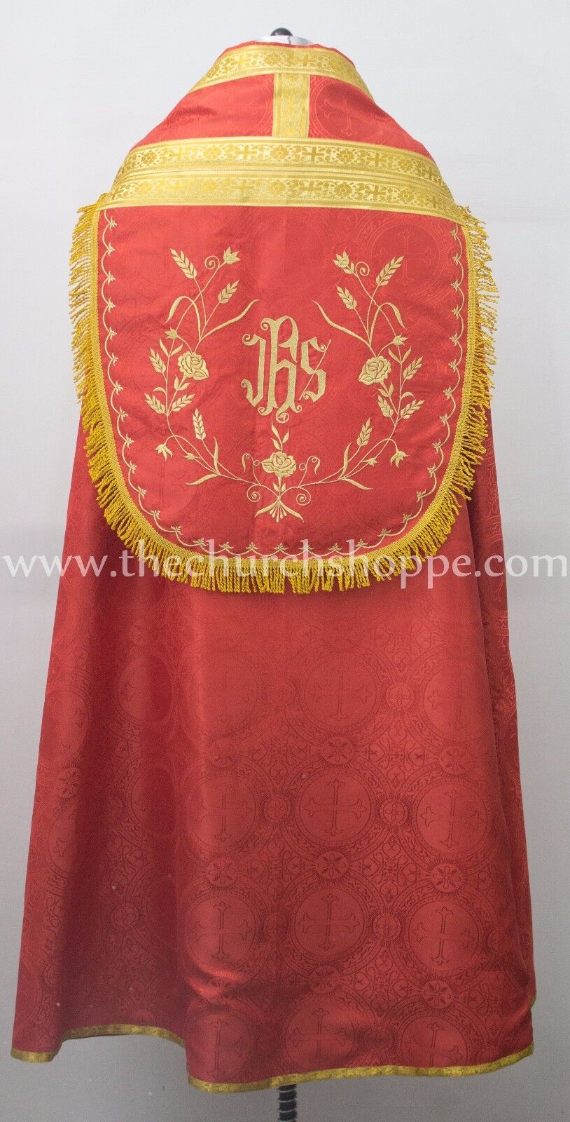 New Red Cope & Stole Set with IHS embroidery,capa pluvial,chape,far fronte