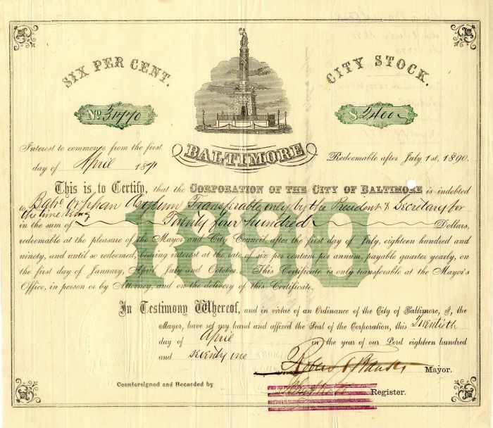 Corporation of the City of Baltimore - $2,400 Bond - General Bonds