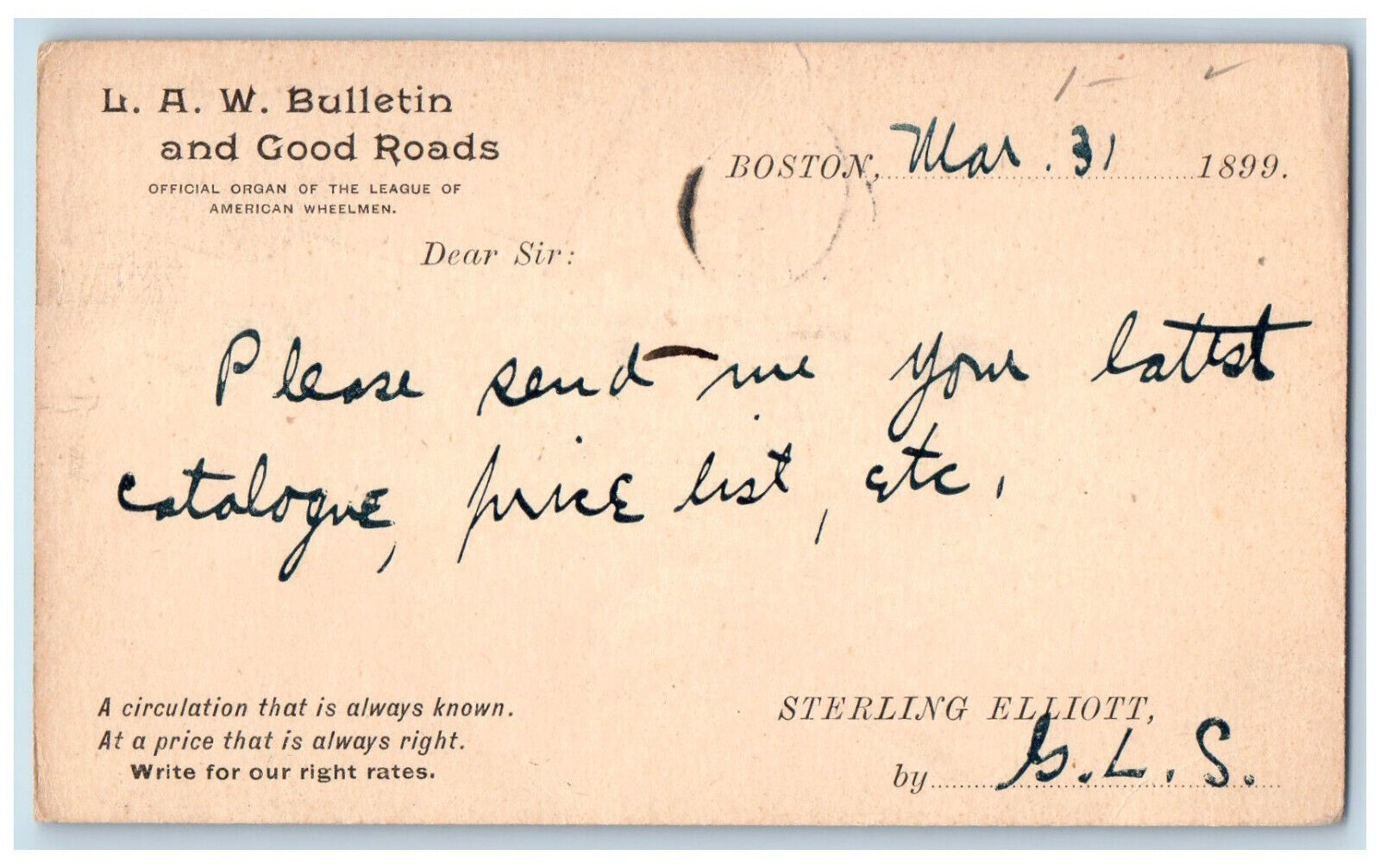 1899 L.A.W. Bulletin and Good Roads Boston Massachusetts MA Posted Postcard