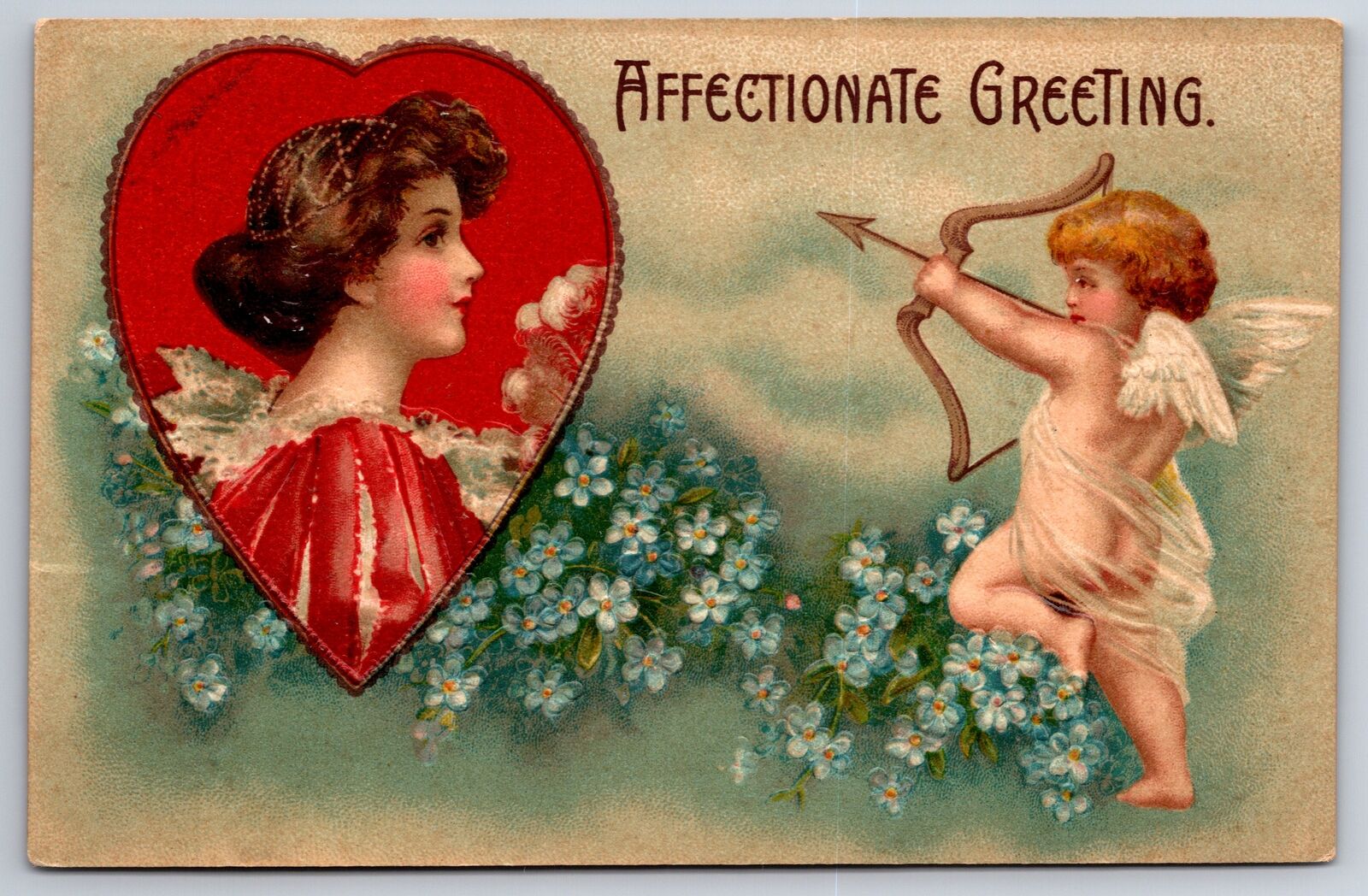 Clapsaddle Valentine~Gossamer Cupid Takes Aim @ Pretty Elizabethan Girl in Heart
