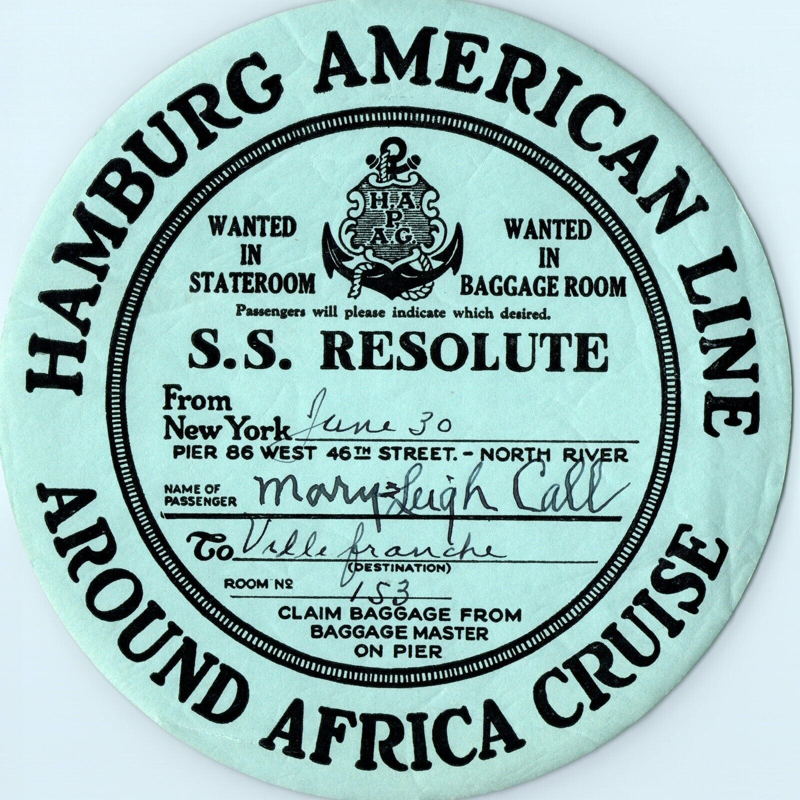USED c1930s SS Hamburg American Line Luggage Label Mediterranean Steamship 2C
