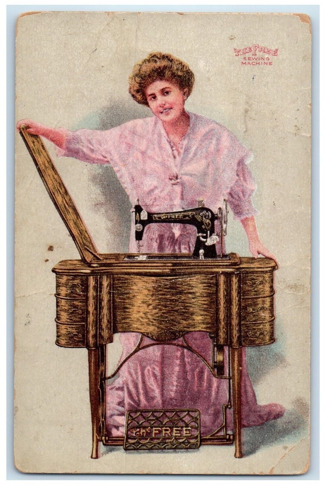 c1910's Woman The Free Sewing Machine Advertising Posted Antique Postcard