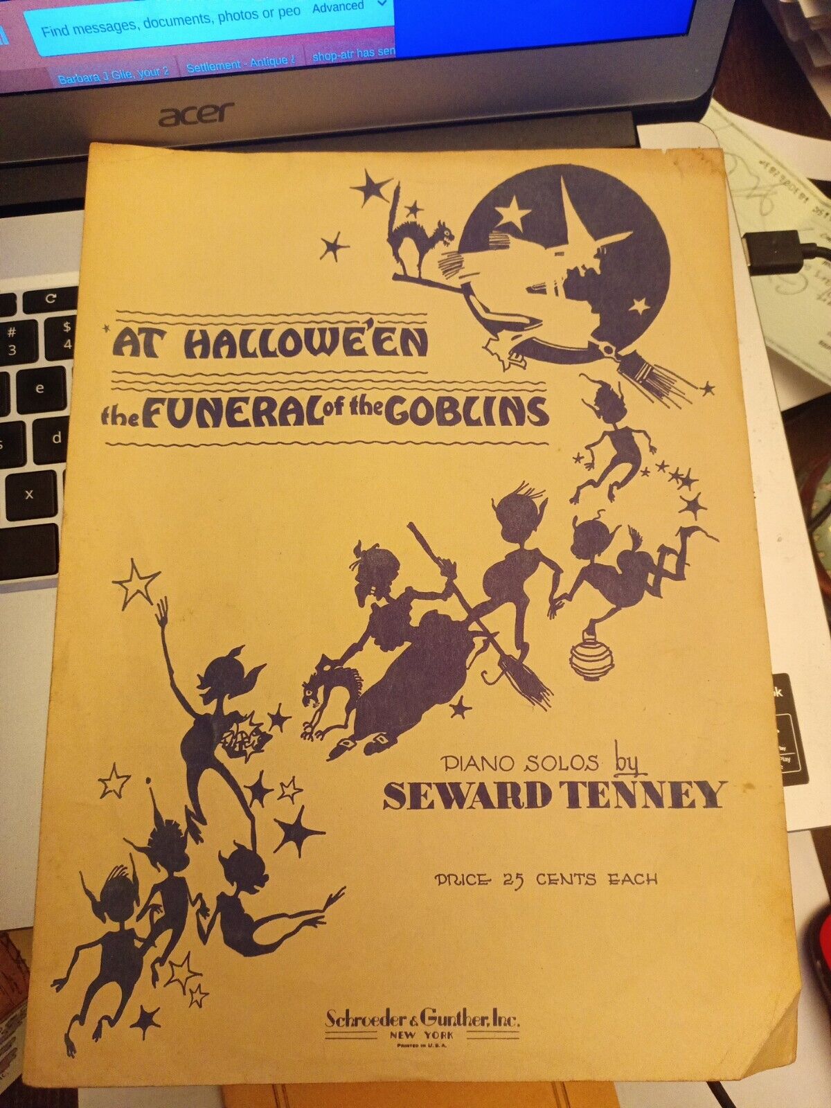 1936 Funeral of the Goblins Original Halloween Sheet Music Witch Black Cat Spook