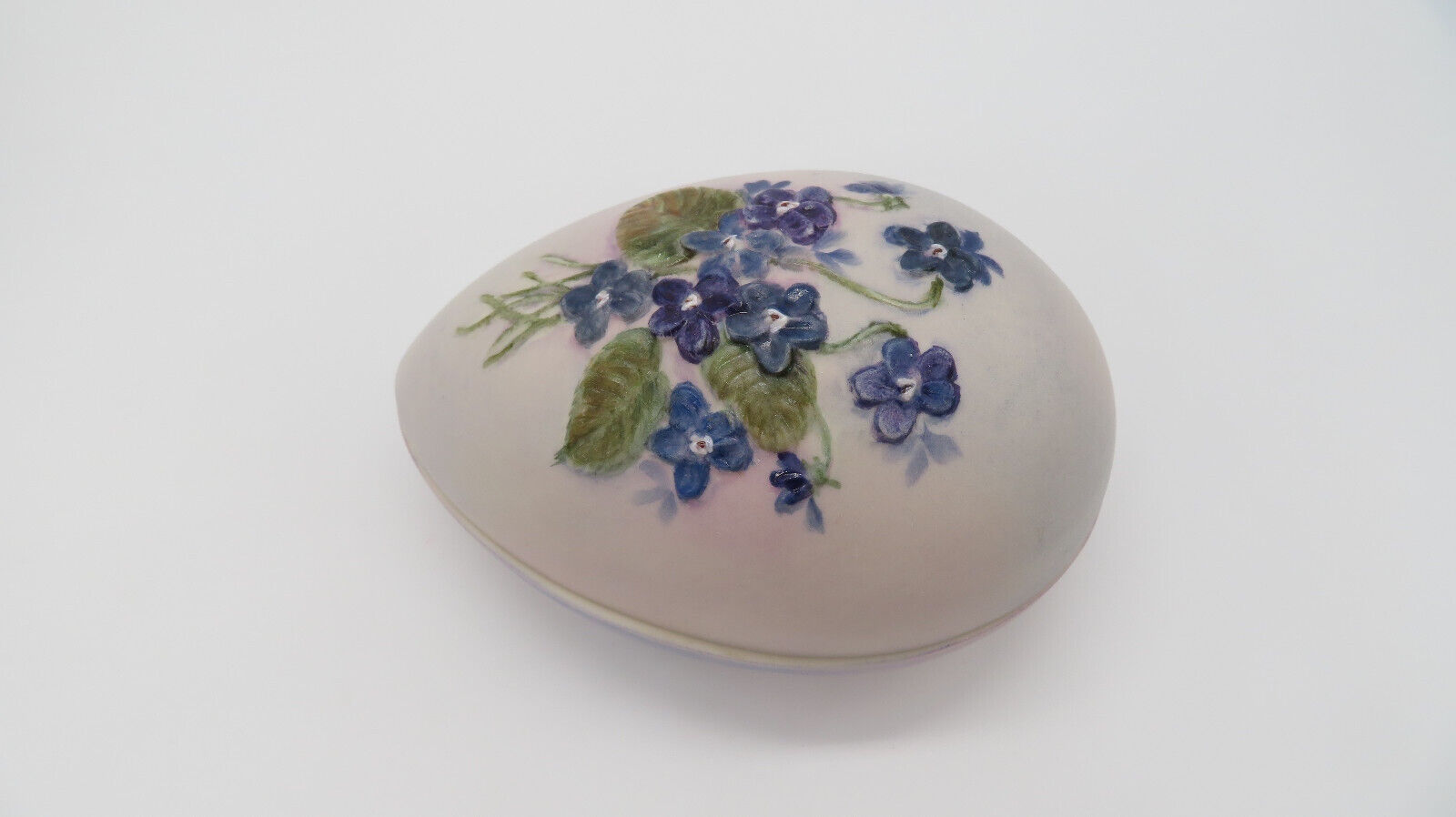Vintage Hand Painted Violets on Egg Shaped Porcelain Trinket Box Easter Decor
