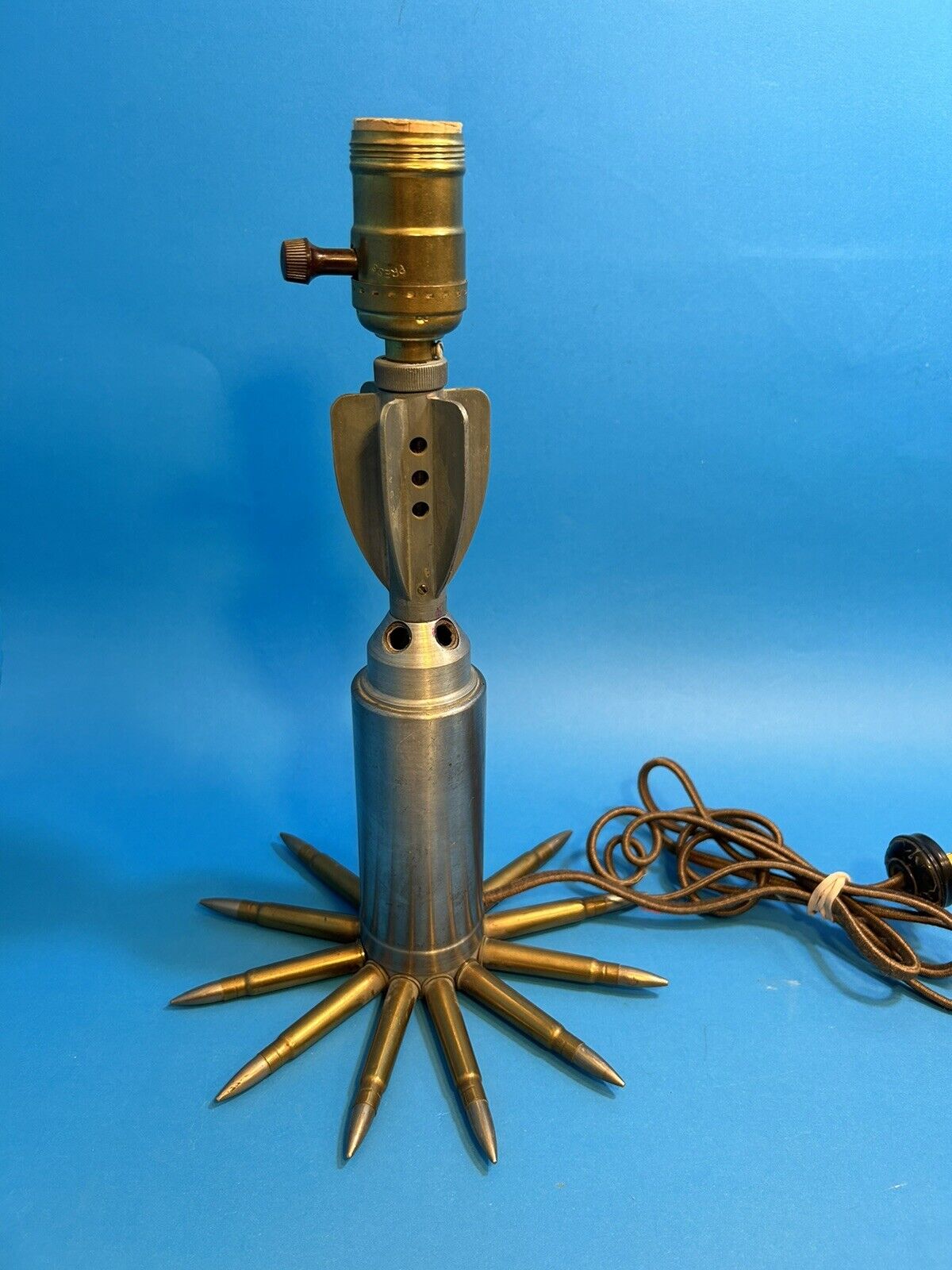 Vintage WW1 WW2 Trench Art Lamp Folk Art Made Of Bullets & Mortar Shell