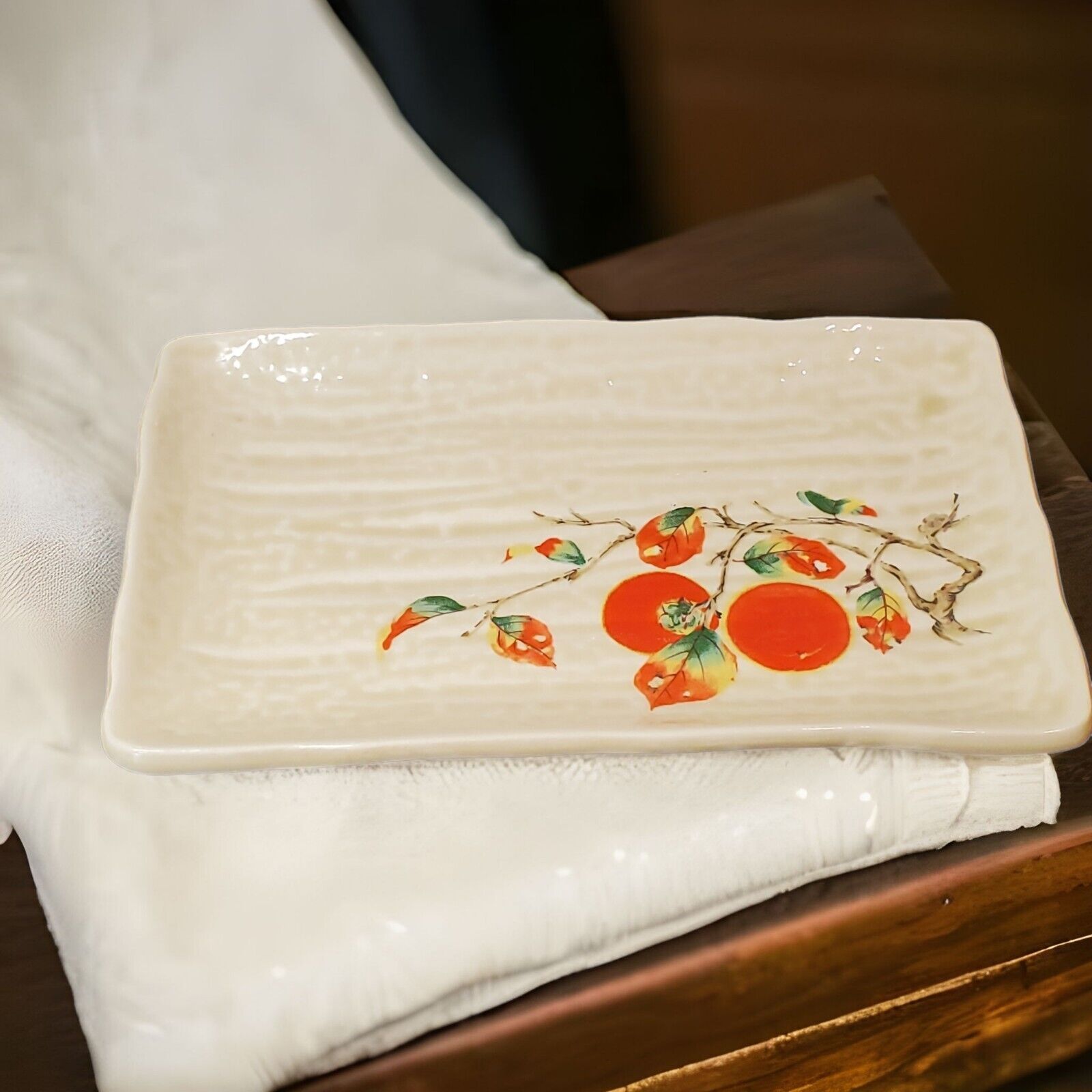 Vintage Japanese Sushi Plate Persimmon Branch Ceramic Transferware Pottery Fruit
