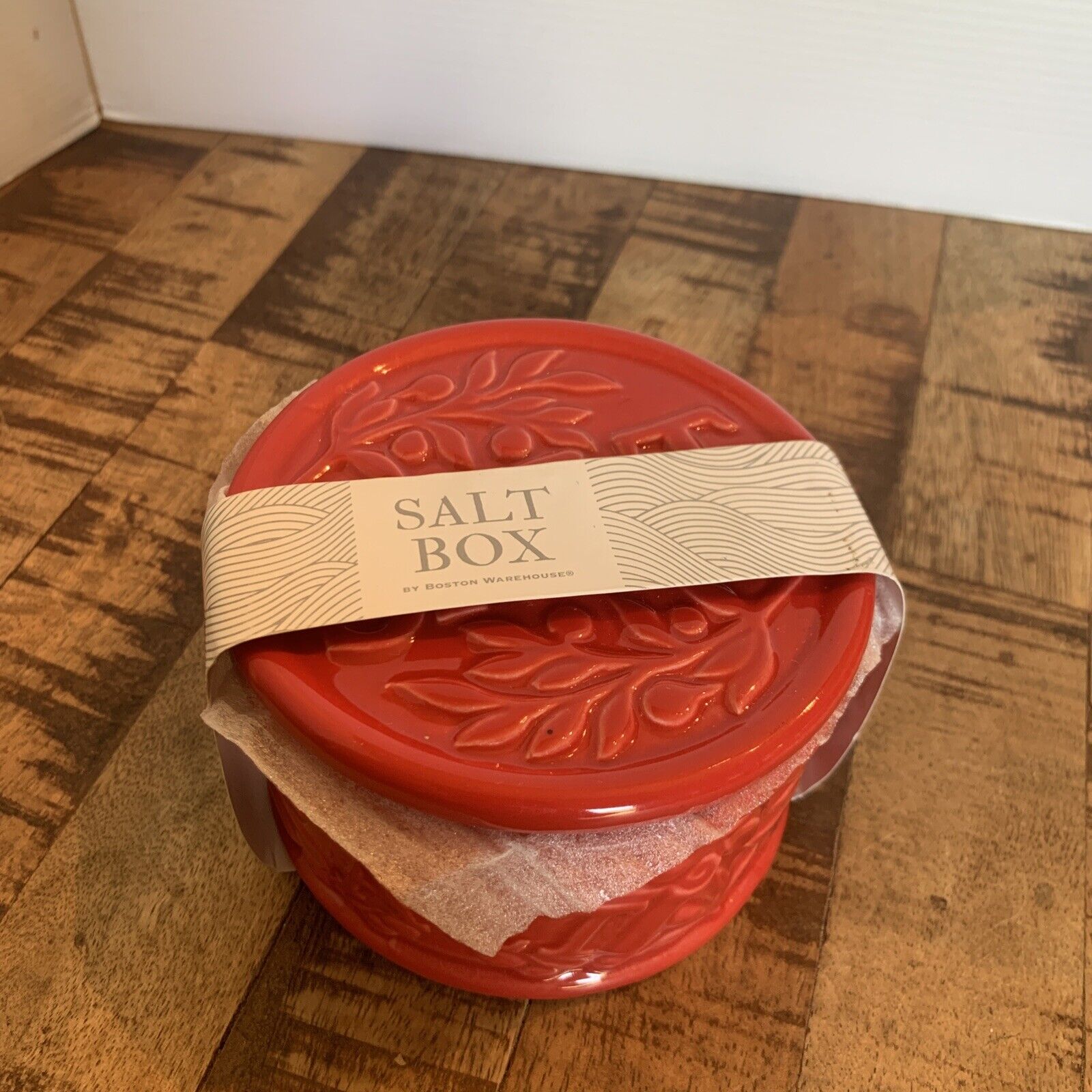 Salt Box Ceramic Red Embossed By Boston Warehouse