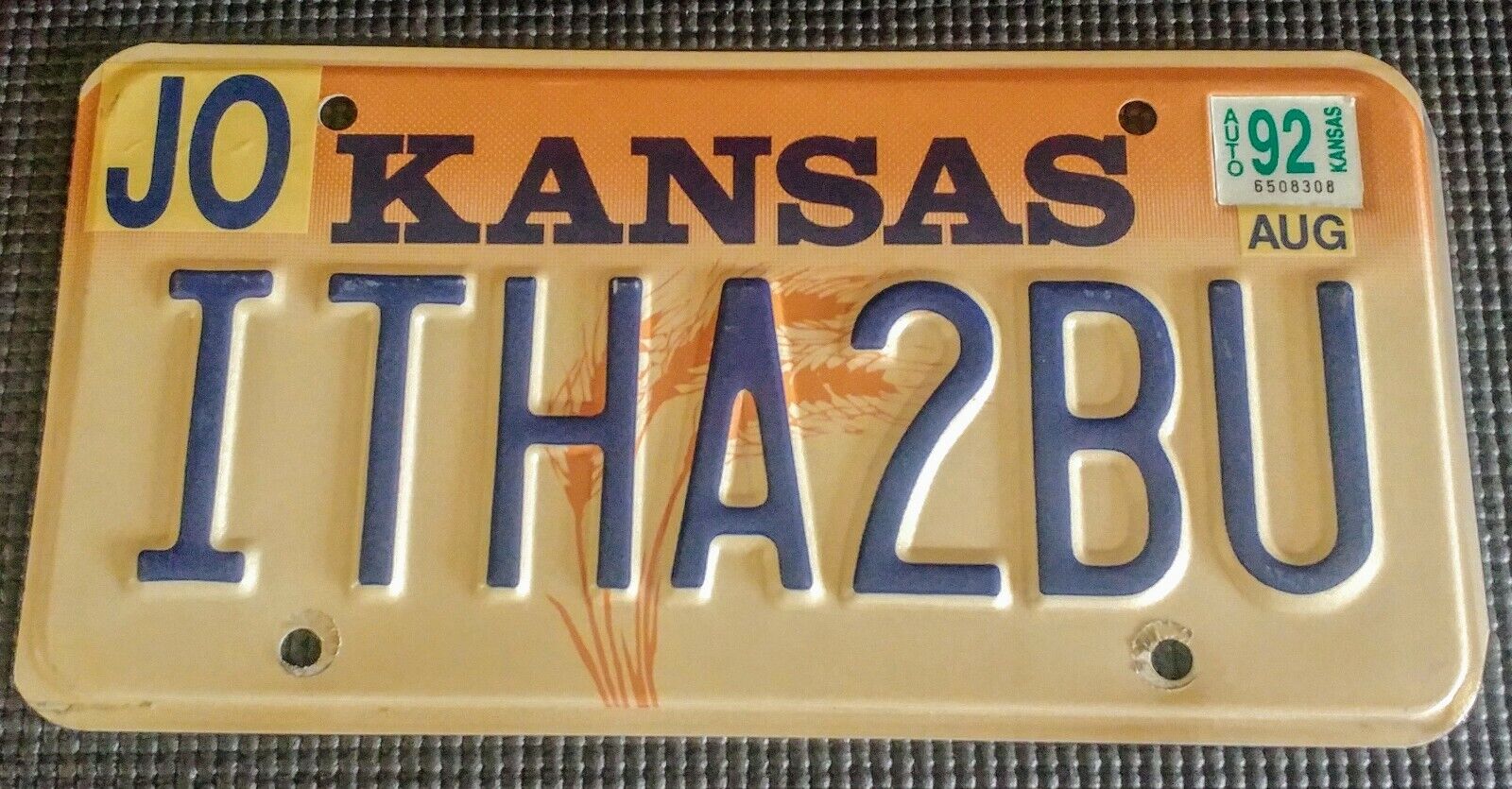 1992 Kansas VANITY License Plate # ITHA2BU - It Had To Be You - Frank Sinatra