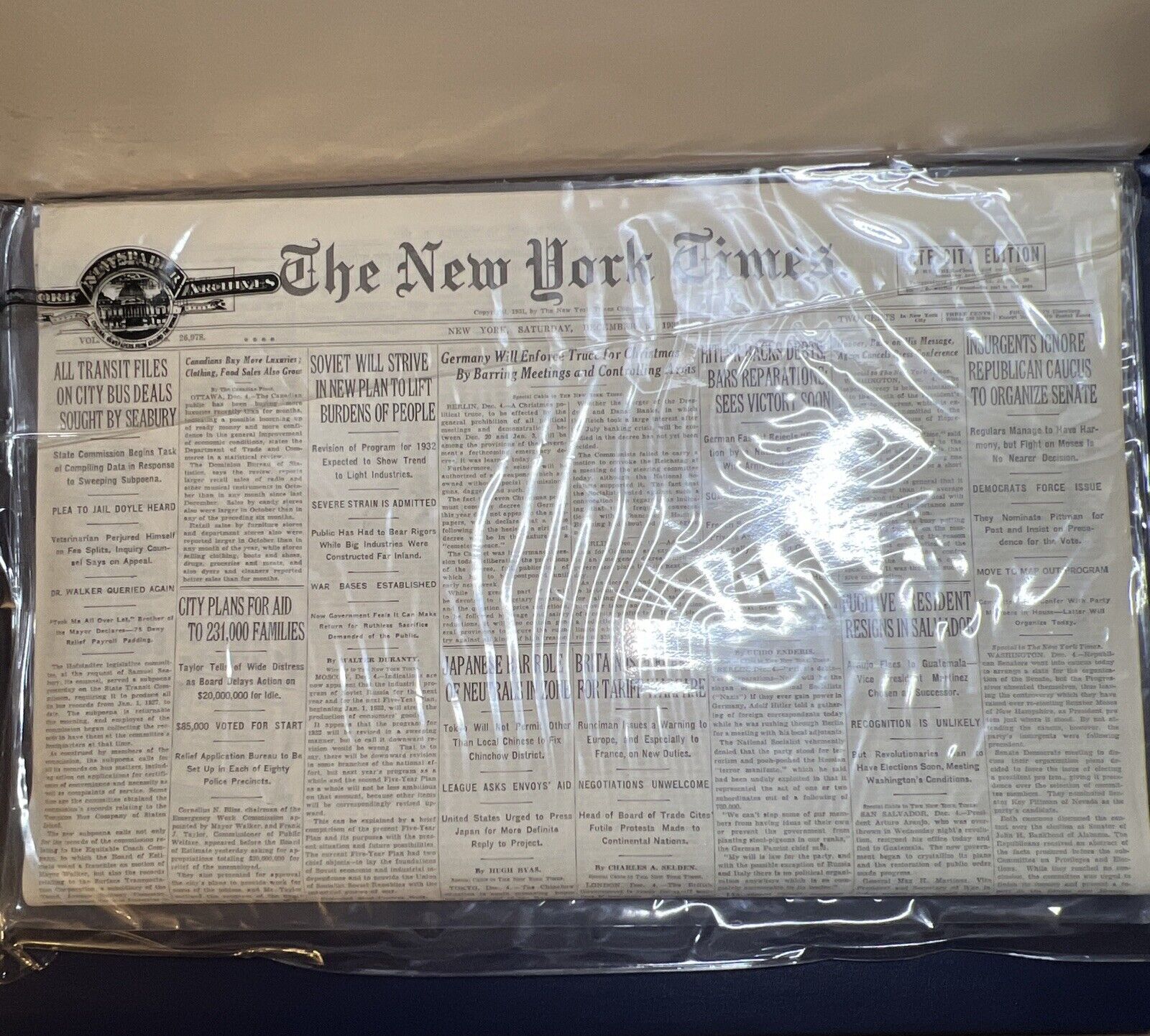 NEWSPAPER HISTORIC ARCHIVES New York Times  COA. Dec 5 1931 Beautiful Condition