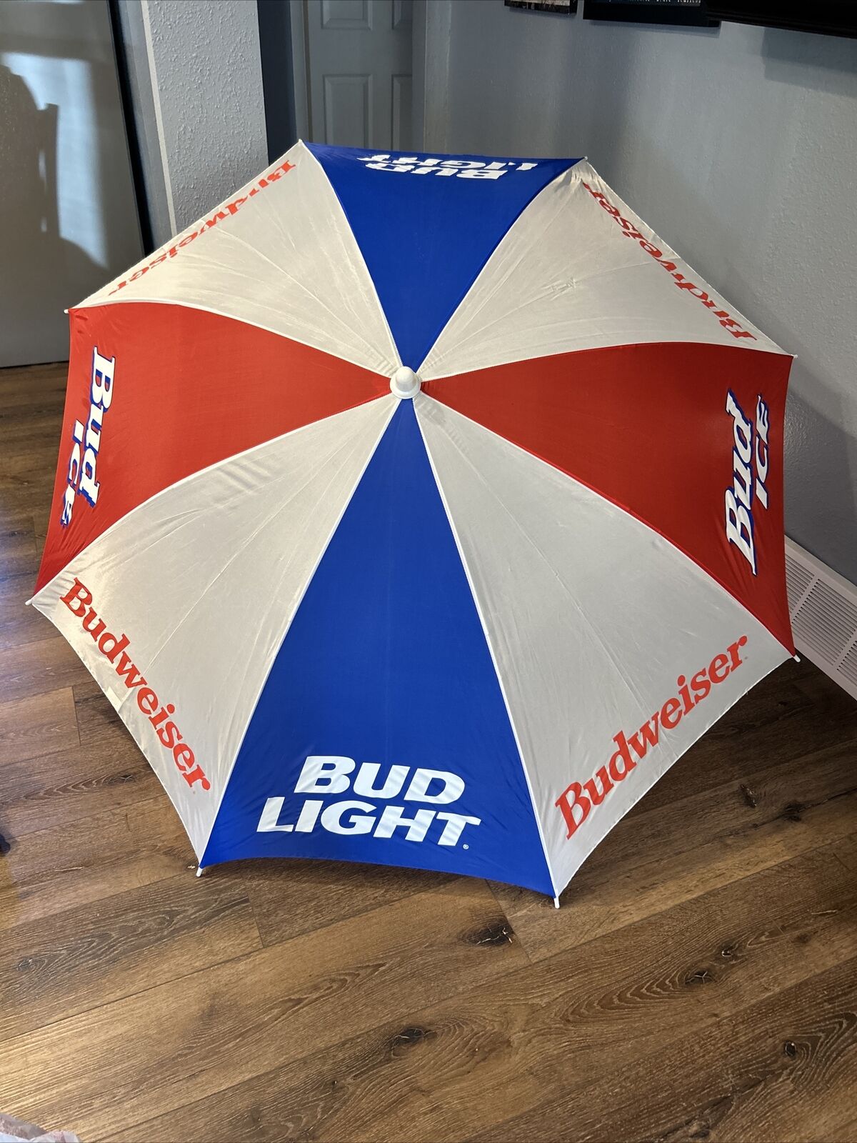 Vintage 1990s Budweiser Bud Light Bud Ice Beach Patio Umbrella Red White Blue 7’