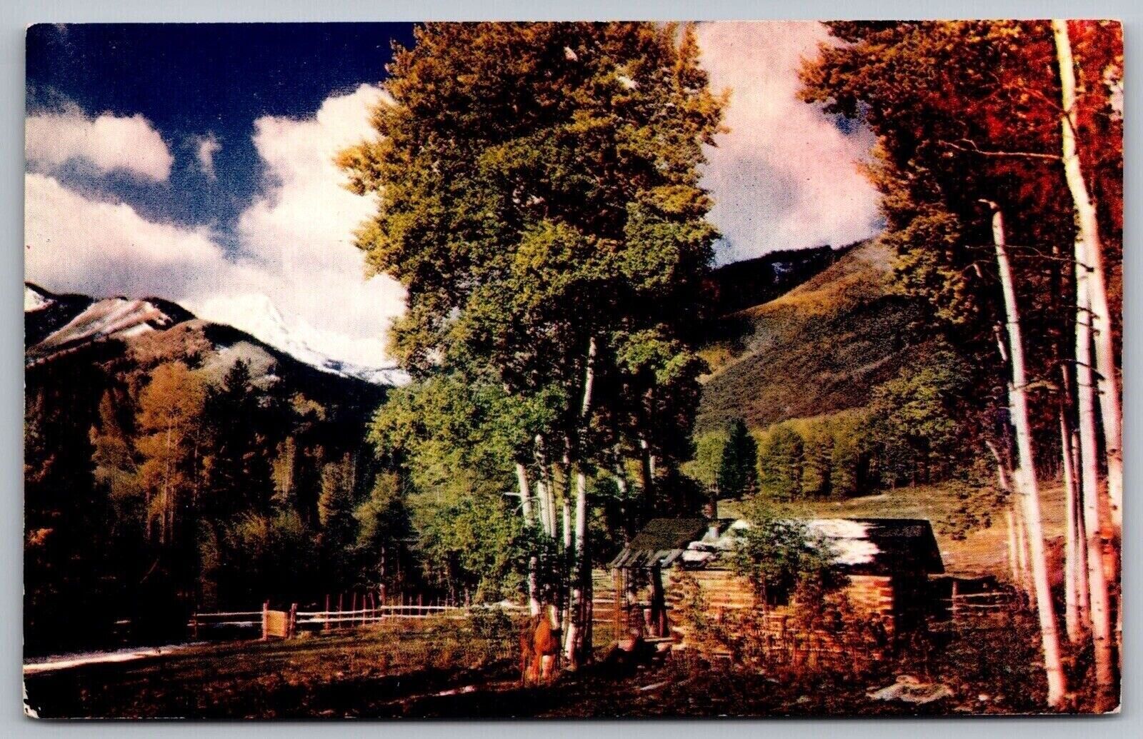 Autumn Rockies Fall Snowcapped Mountains Forest Log Cabin Vintage UNP Postcard