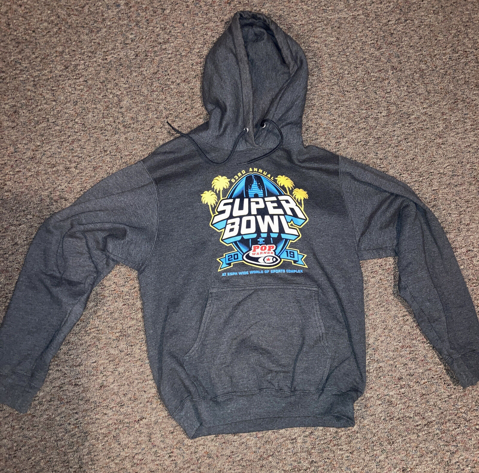 63rd Annual Super Bowl '19 hooded Pullover Sweatshirt 21.5 H x 17 from pit 2 pit
