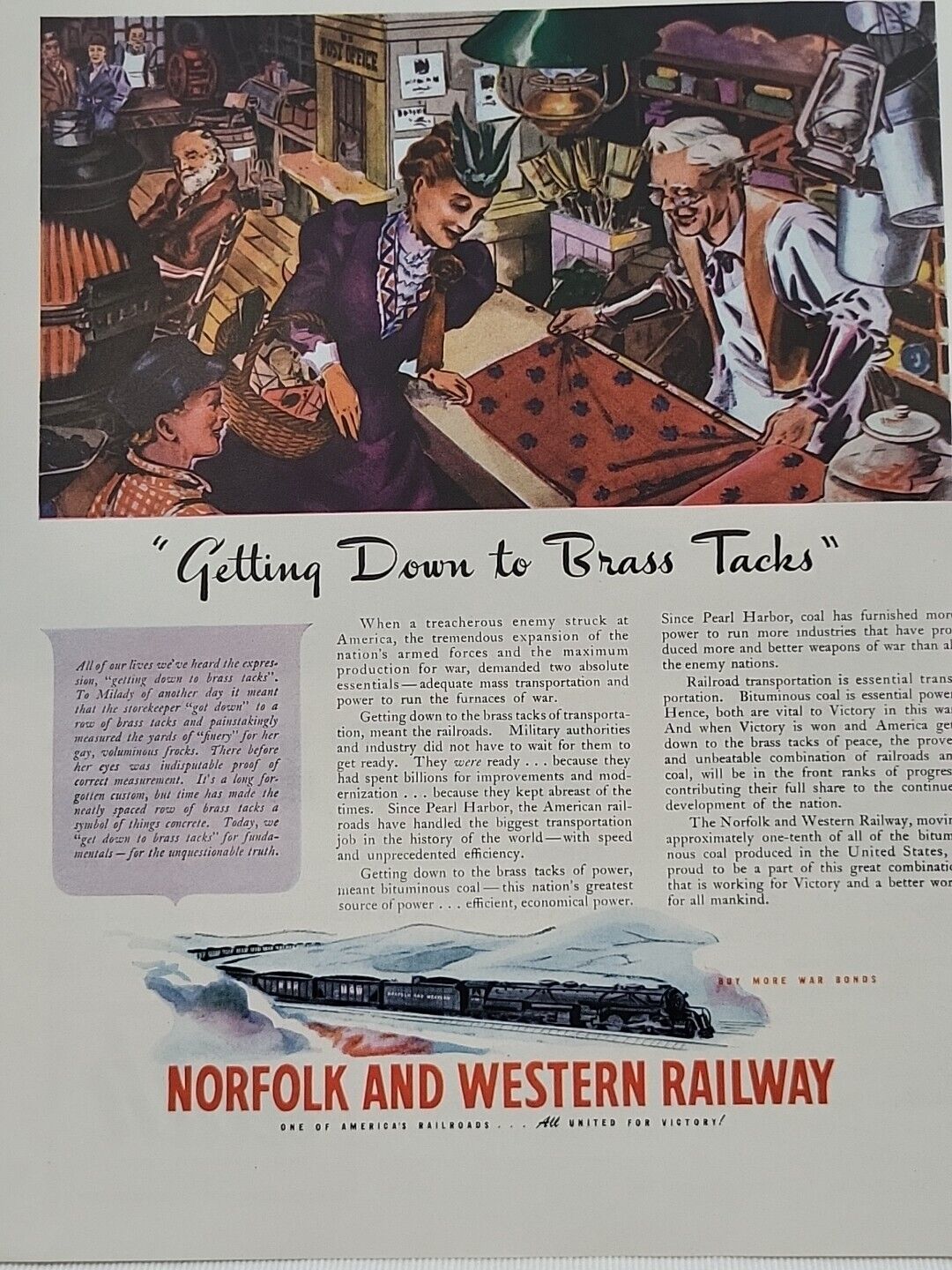 1943 Norfolk and Western Railway Fortune WW2 Print Ad Brass Tacks War Homefront