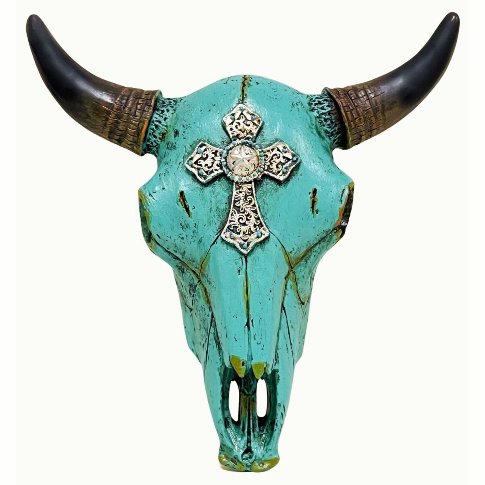 Tribal Southwest Turquoise Steer Head Skull Cross Hunting Wall Hanging Sculpture