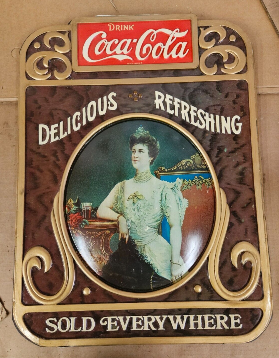 VINTAGE 1970s Victorian Queen Elizabeth Coca Cola Sign plastic Vacuum Mold