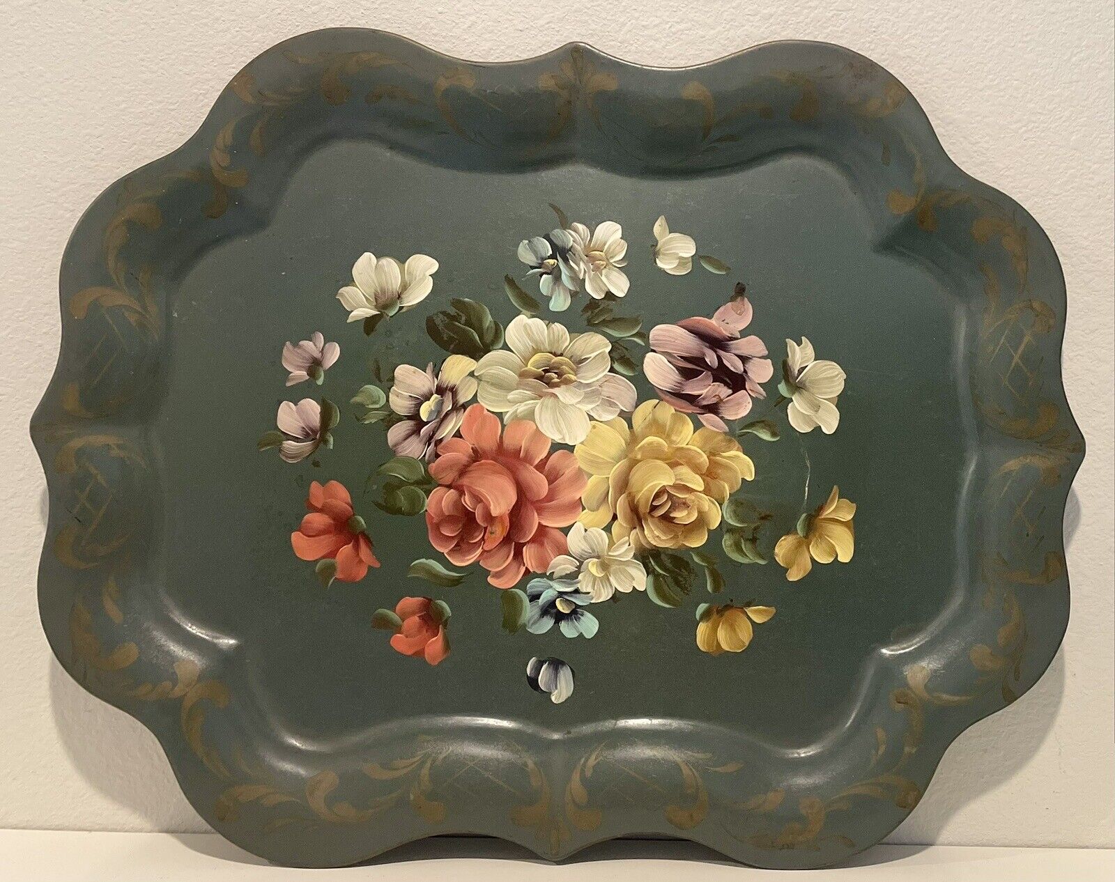 Gorgeous Aqua Tole Tray - Hand painted, Multicolor Roses, Hard To Find Color