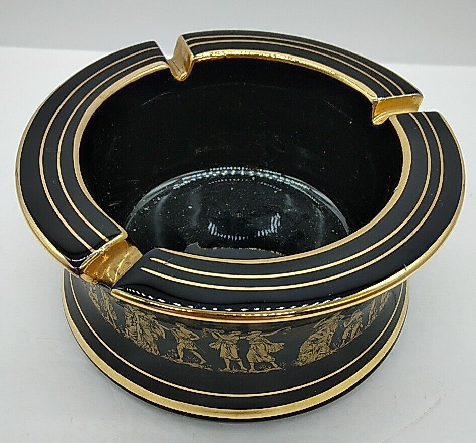 Vintage Greek Ashtray KE Porcelain Black & 24K Gold Hand Made in Greece w/People