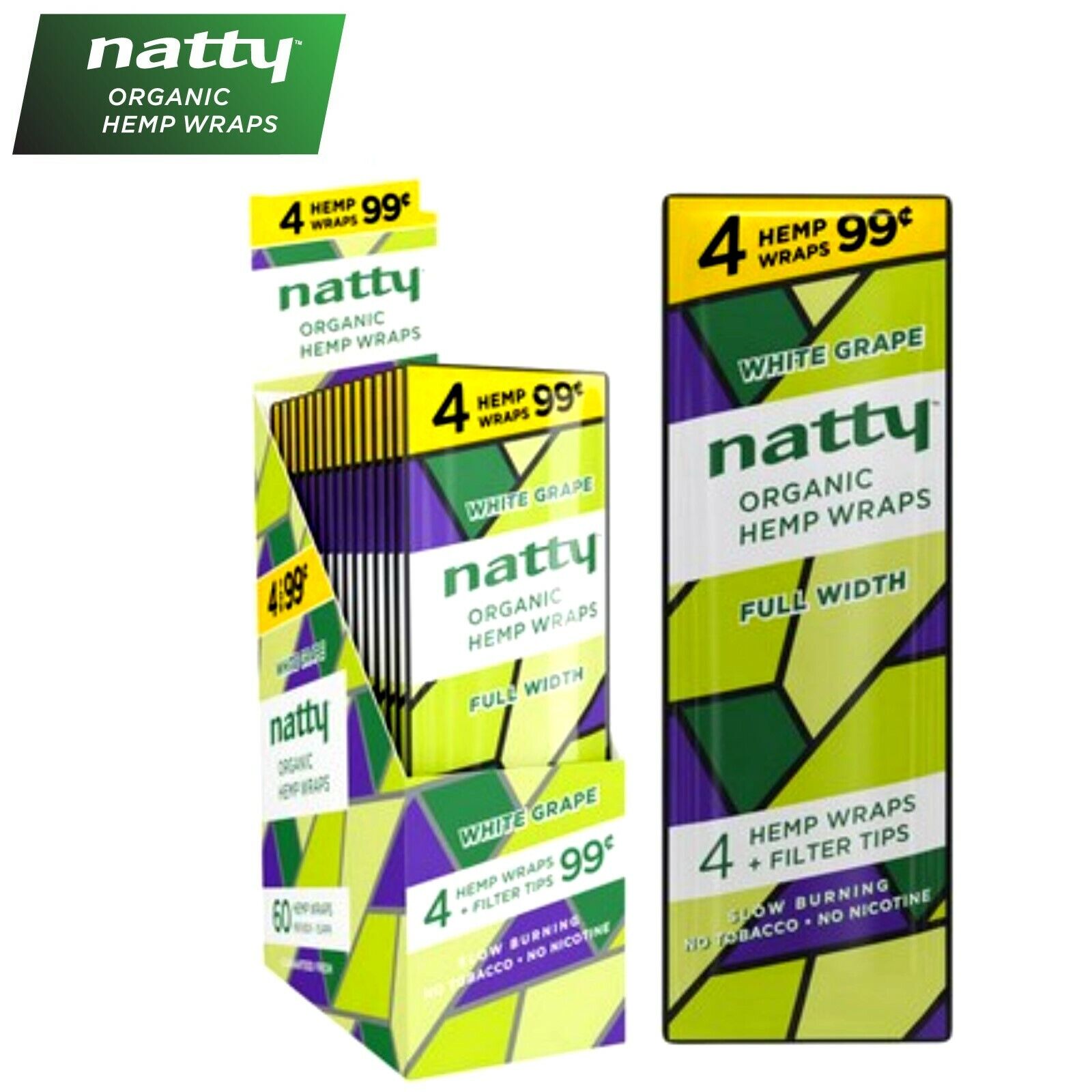 NATTY Organic WHITE GRAPE Flavored Full-Width Herbal Wraps Full Box 15/4CT