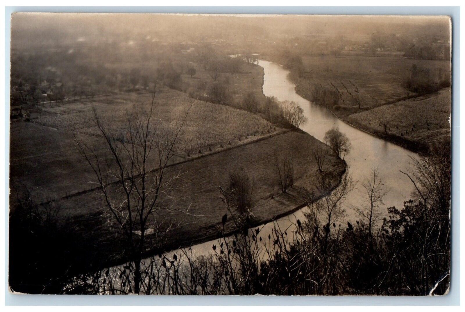 1918 Birds Eye View Upper Iowa River Field Farm Decorah IA RPPC Photo Postcard