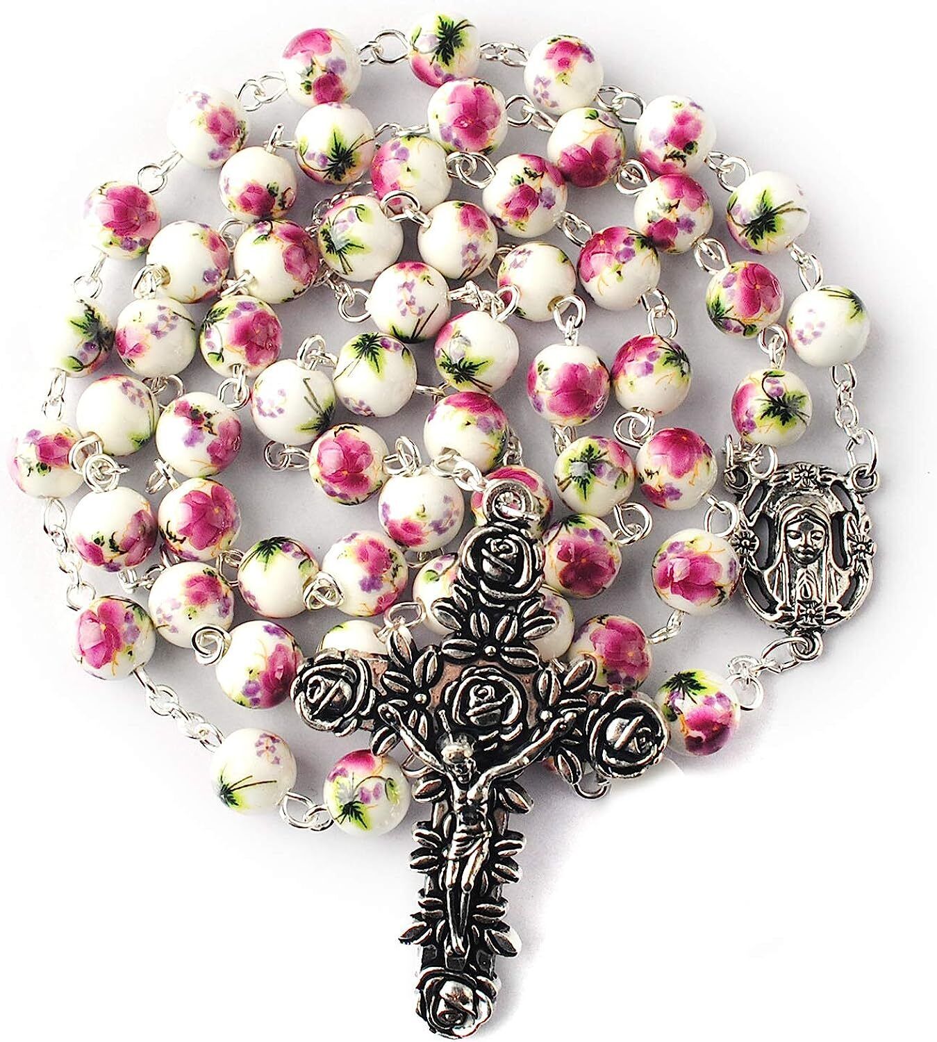 8mm Round Ceramic Beads with Flower Painting Catholic Rosary Necklace