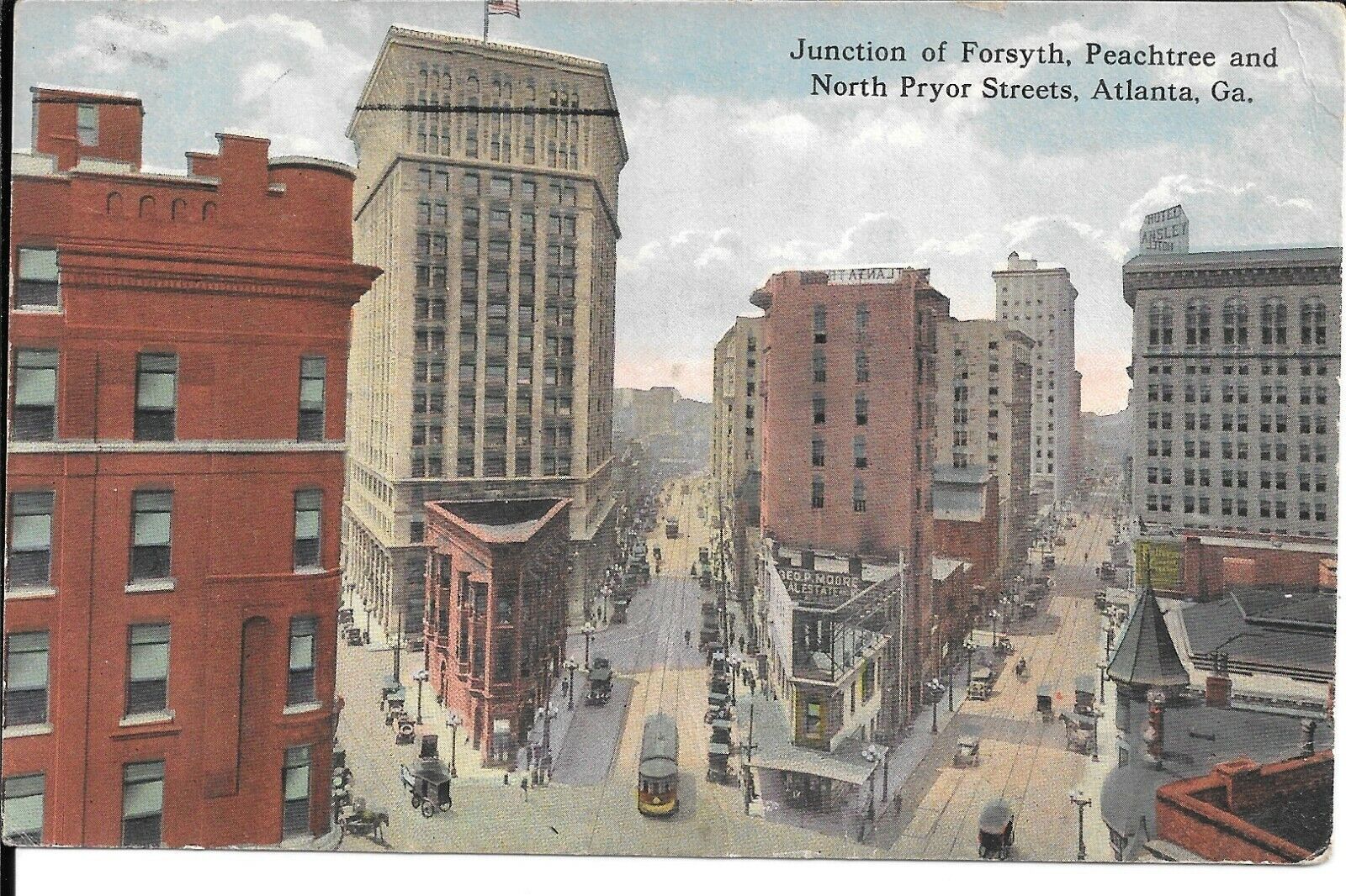 1916 Postmark Postcard JUNCTION OF FORSYTH, PEACHTREE AND NORTH PRYOR STREETS