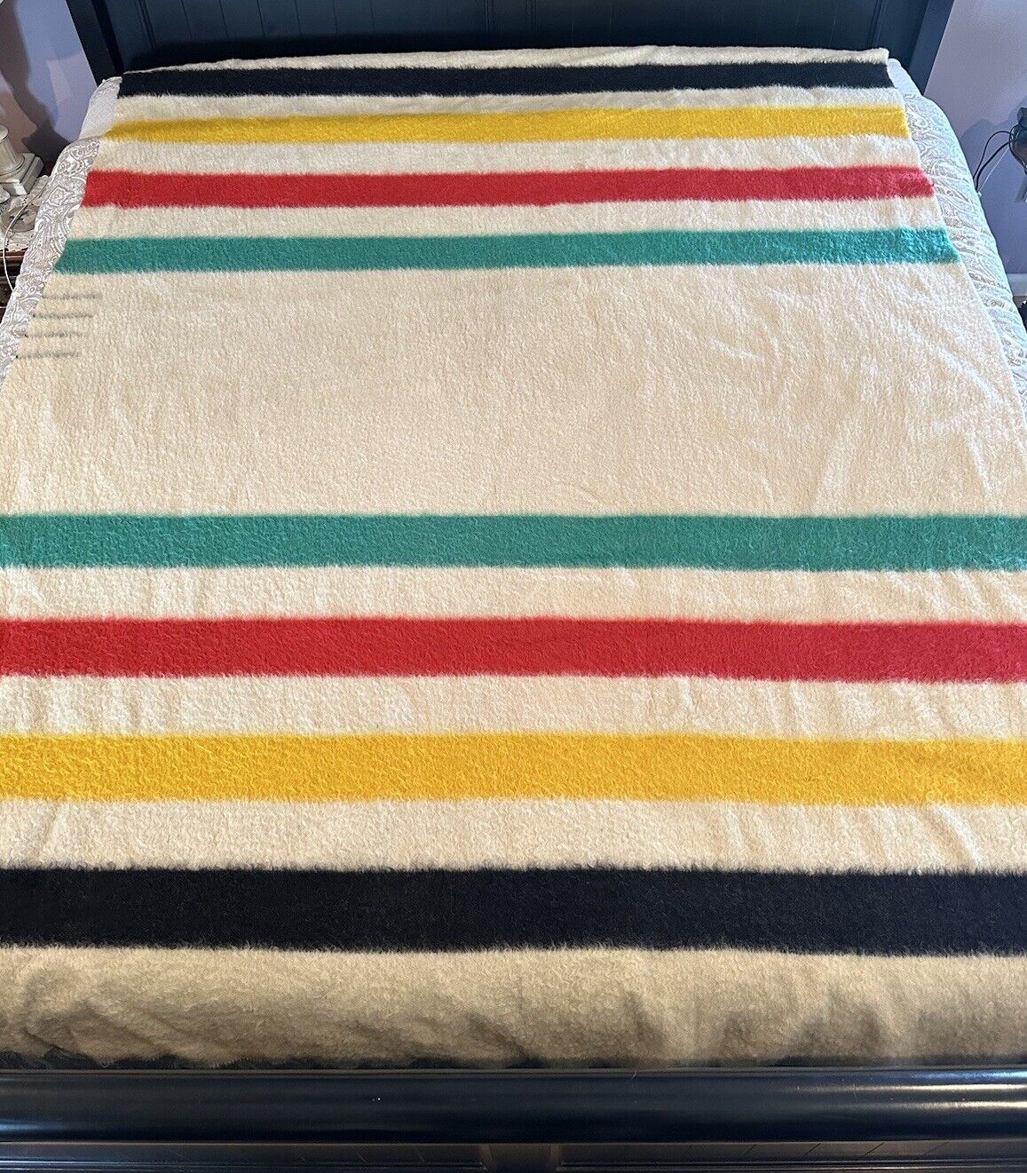 Vintage Hudson\'s Bay Orange Tag 4 Point Stripe Blanket 100% Wool England 69x91