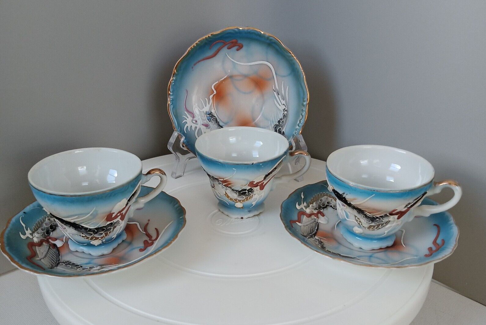 Set Of 3 VTG Betsons 1950's Japanese Hand Painted Dragon Demitasse Cup & Saucer
