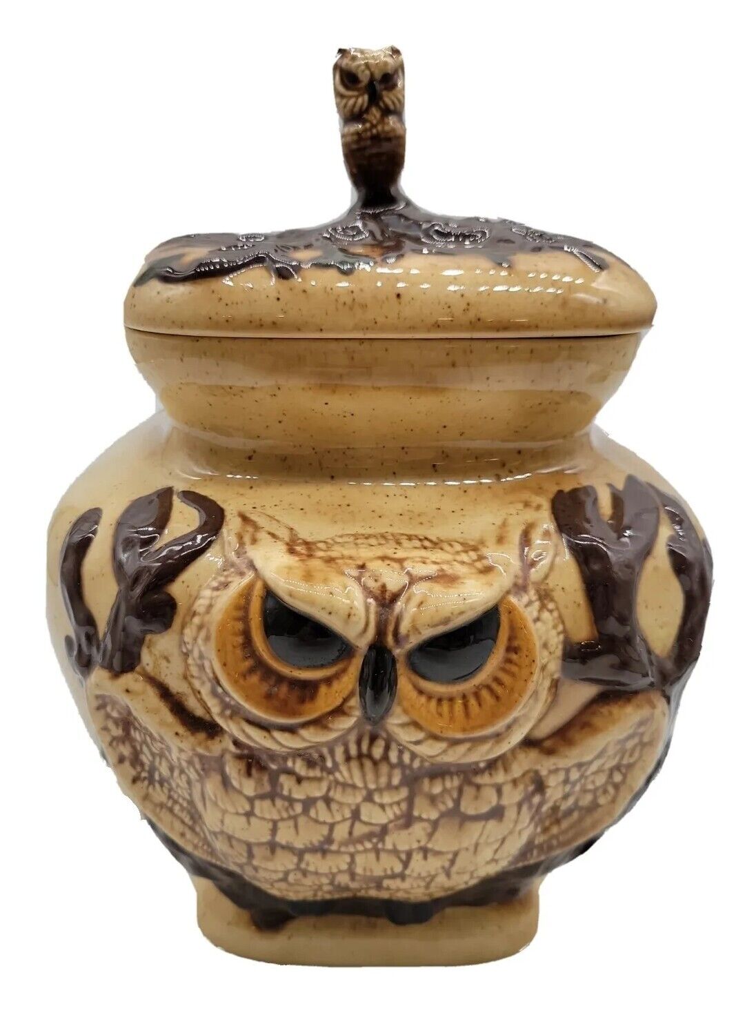Retro 1970\'s Beige Brown Ceramic Owl Canister Container 9\