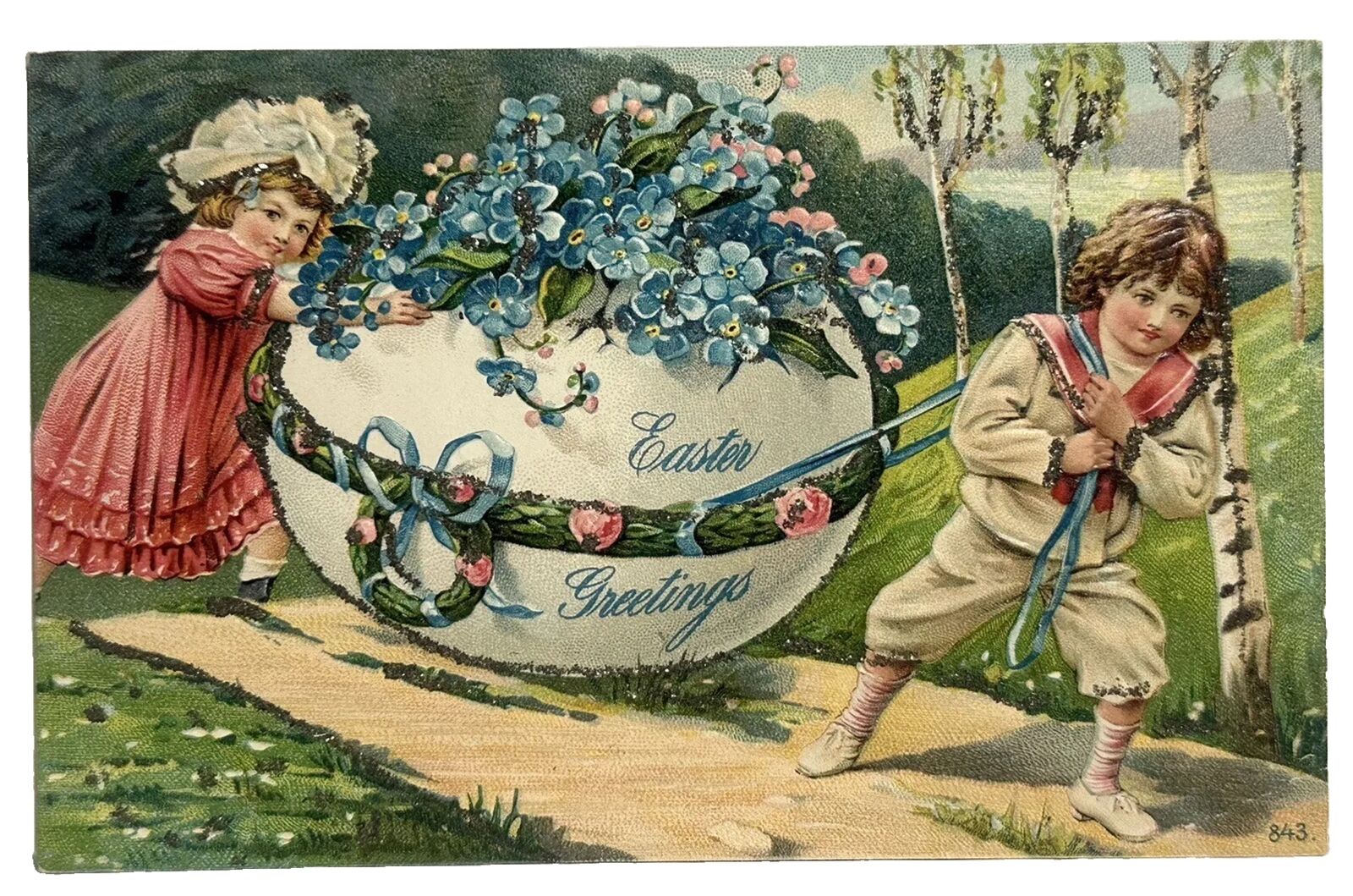 Easter Postcard Fantasy Children Pull Huge Egg Forget- Me-Nots Roses Glitter udb