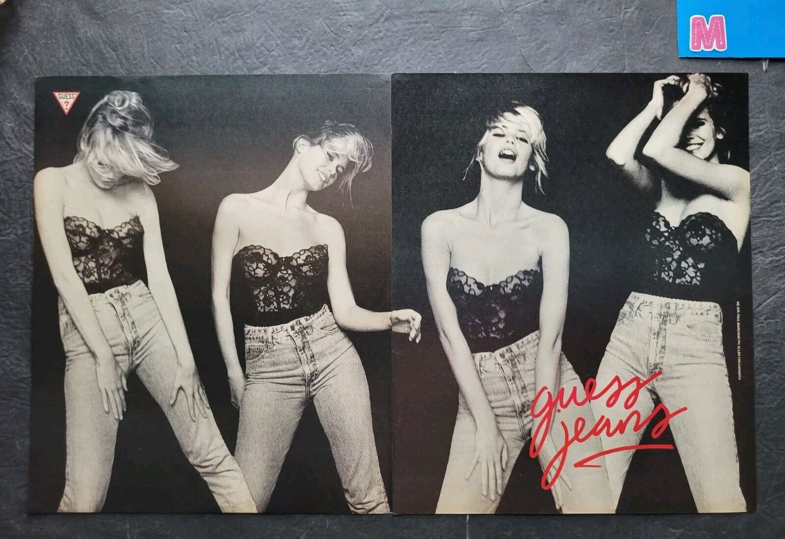 Claudia Schiffer Guess Jeans Promo 2 Page Print Advertisement Vintage 1990