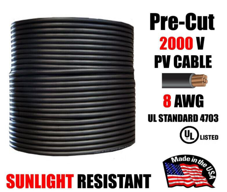 8 AWG Gauge PV Wire 1000/2000 Volt Pre-Cut 15-500 Ft Solar Installation BLACK