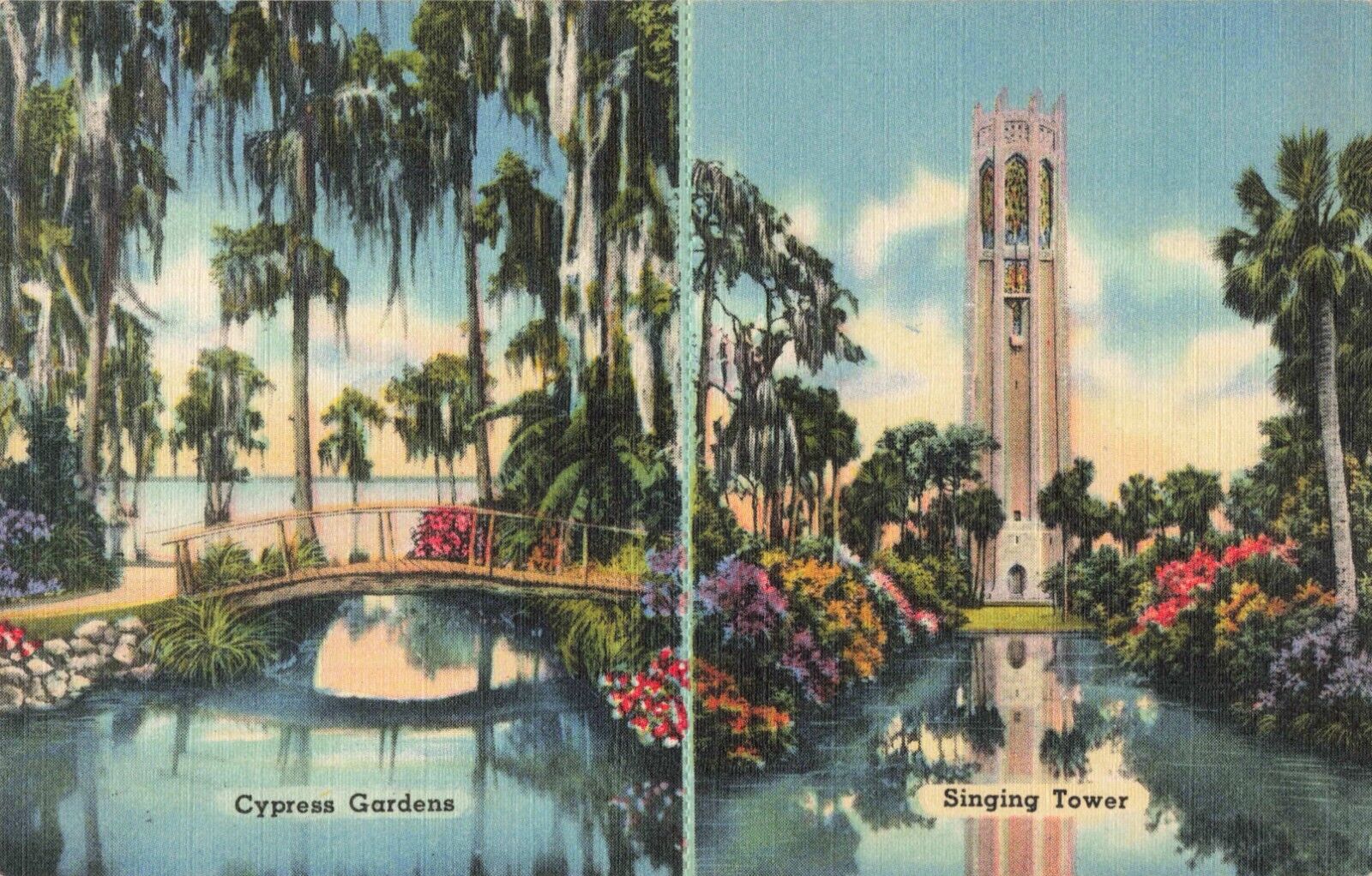 Cypress Gardens Florida, Singing Tower, Souvenir Menu on Back, Vintage Postcard