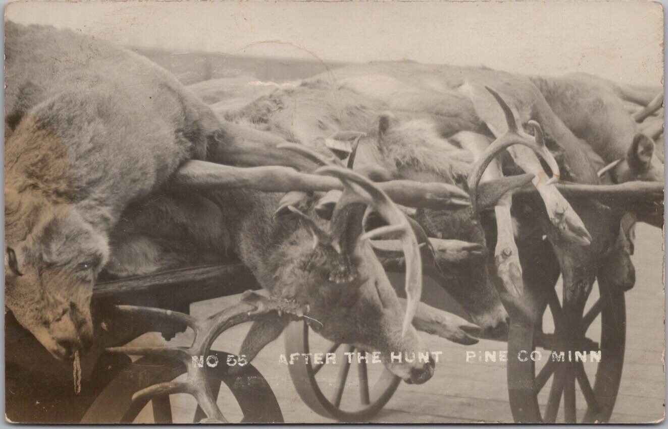 1915 PINE CITY, Minnesota RPPC Photo Postcard AFTER THE HUNT Deer on Horse Wagon