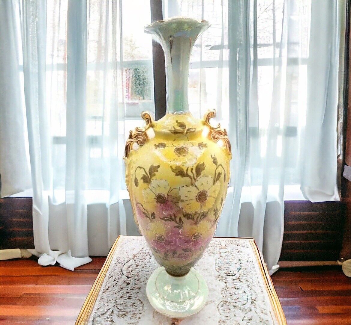 Antique Prov Saxe ES Germany Hand Painted Floral Luster Large Vase 16” Marked