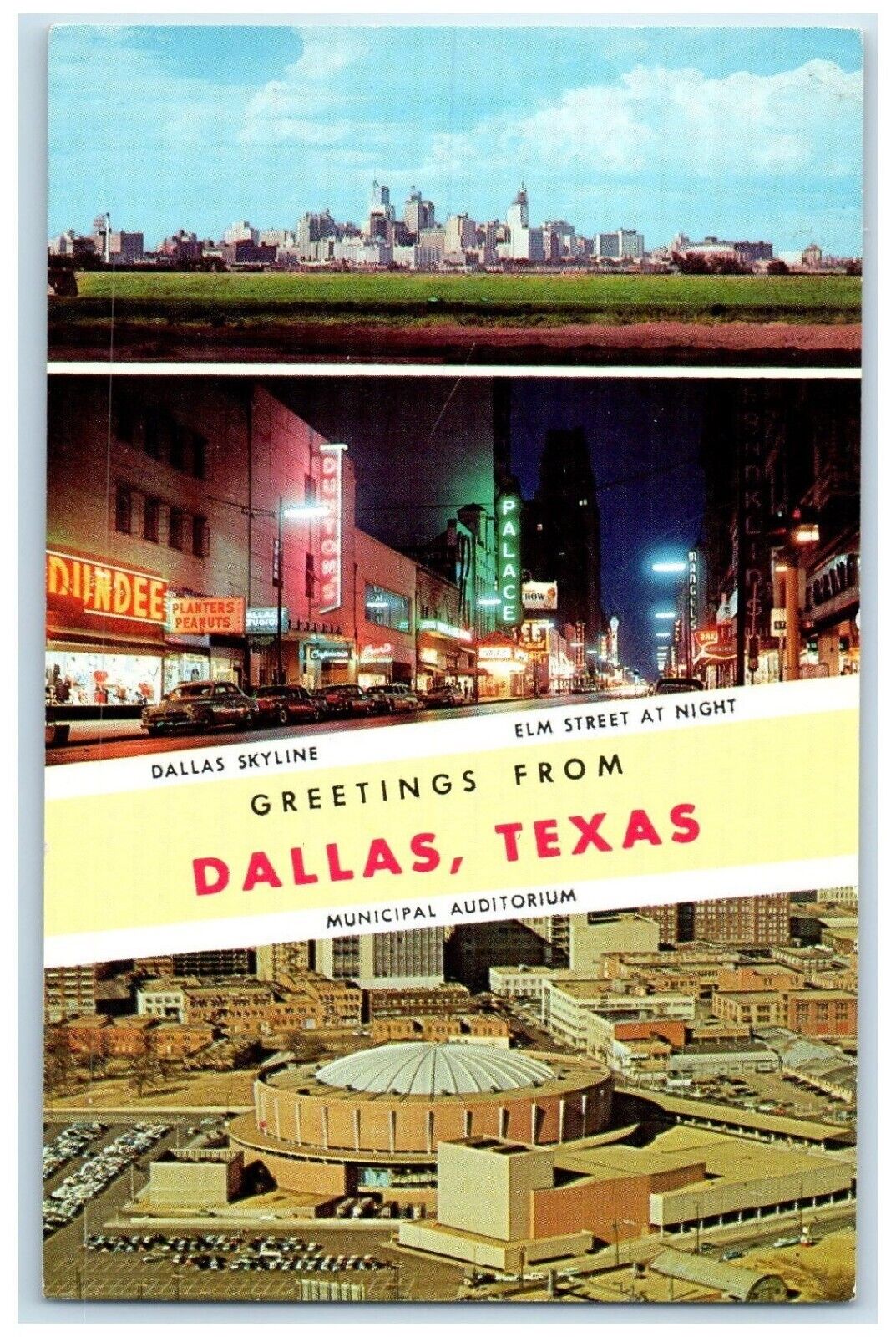 c1960 Greetings From Municipal Auditorium Skyline Street Dallas Texas Postcard